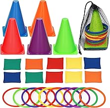 ND Sports 3-in-1 Kids Ring Toss & Bean Bag Game Set with Whistle & Carry Bag – Colourful Cones, Toss Rings & Bean Bags – Outdoor & Indoor Fun for Children