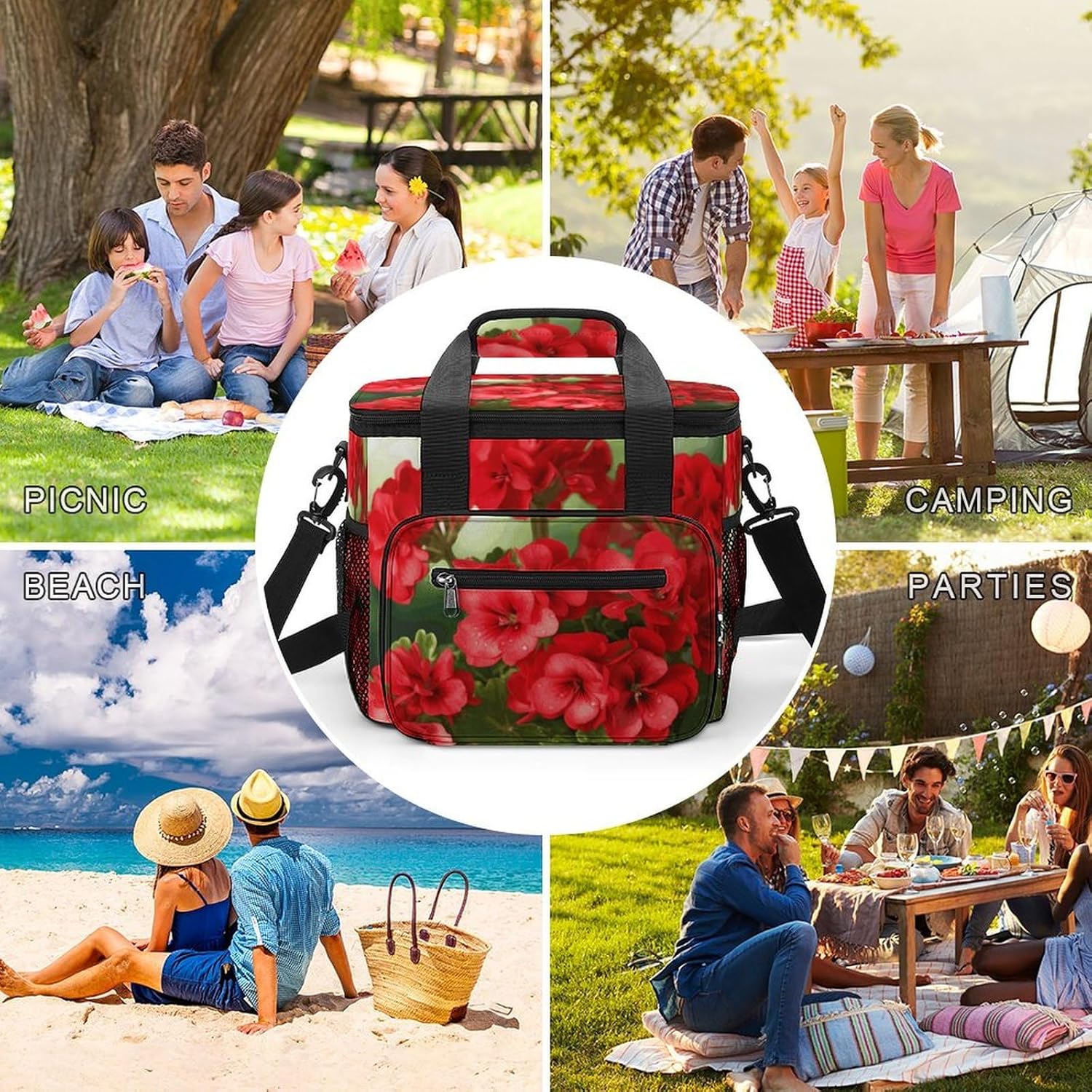 Red Geraniums Cooler Bags Portable Soft Cooler Bag Lightweight Ice Chest Insulated Lunch Bags Camping Cooler Bag Cooler Lunch Tote Coolers for Picnic Travel Beach