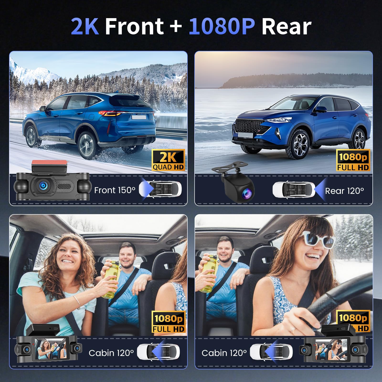 Hikity Dashcam de Bord 4 canaux, Dashcam Voiture de Bord WiFi 2K à l'avant et 1080P à l'arrière à l'intérieur de la Gauche à Droite, Voiture avec Carte de 64G - Wi-FI, Capteur G