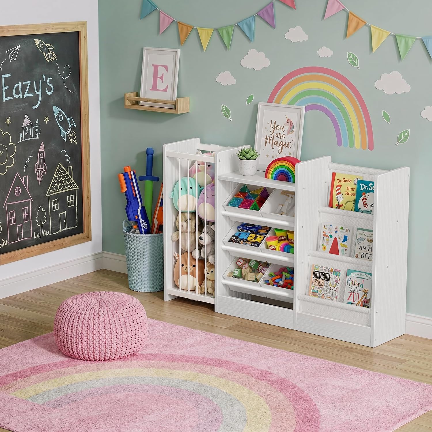 BOLUO Kids Toy Storage Organizer with Bookshelf, 3-in-1 Kid Book and Toy Storage Holder Shelves for Baby Toddler Playroom Living Room White