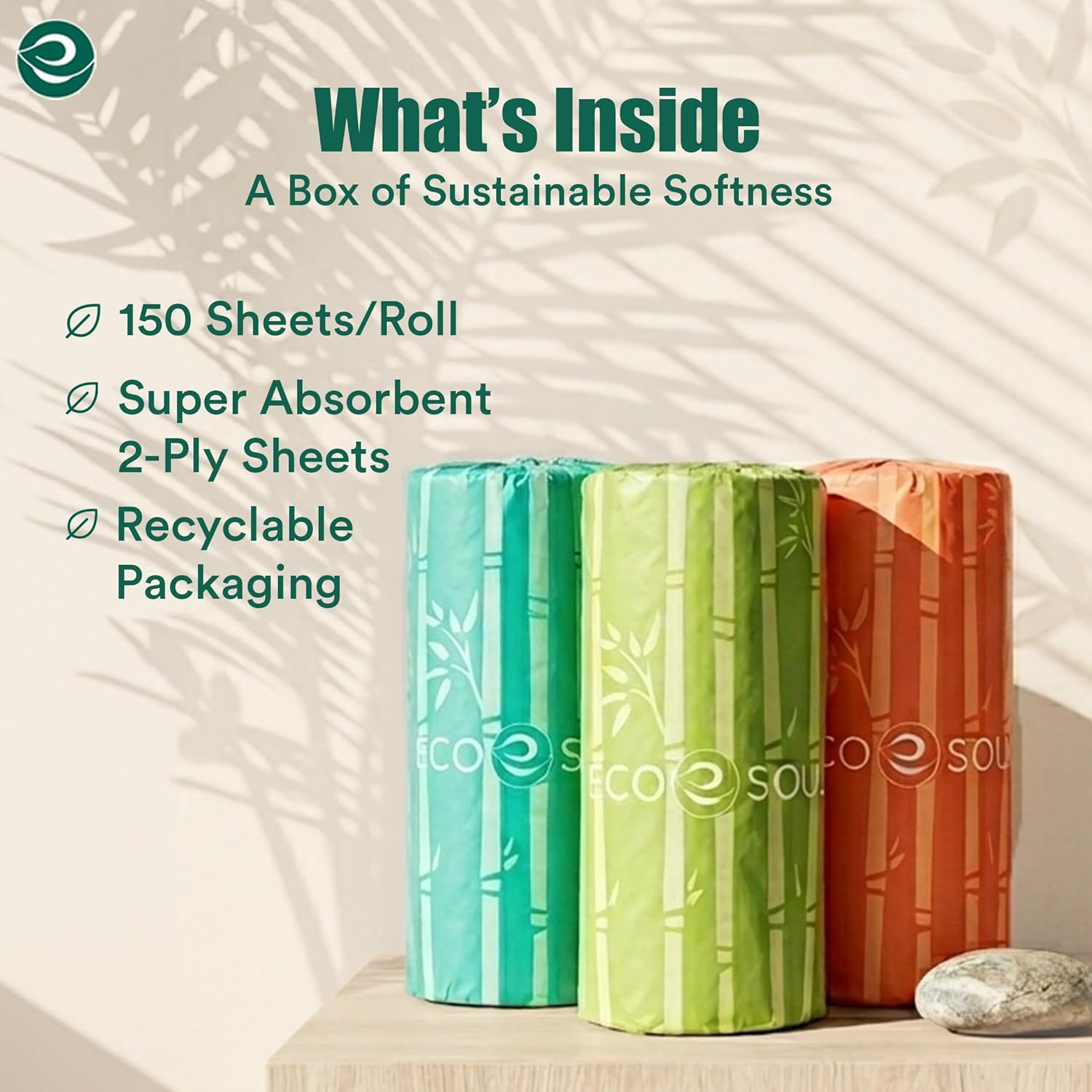 Eco Soul Bamboo Paper Towel Set Of 12 Rolls |150 Sheets Per Roll | Ultra Absorbent, Eco-Friendly, Sustainable, Food Safe Kitchen Paper Towel