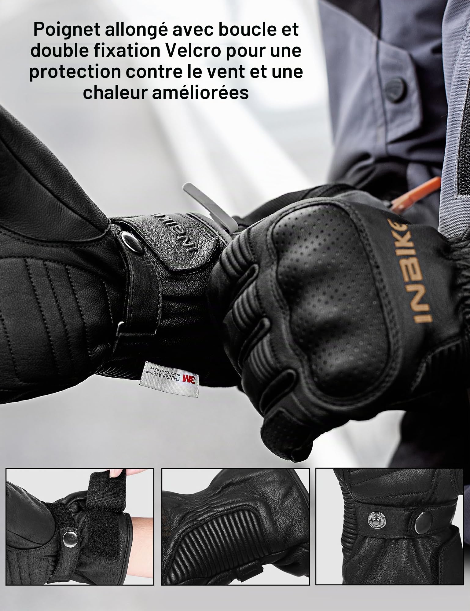 INBIKE Gants Moto Homme Hiver Chauffants 100% Cuir Coqués Protection pour Moto Cross Scooter Chauds Coupe-Vent Respirant Imperméables