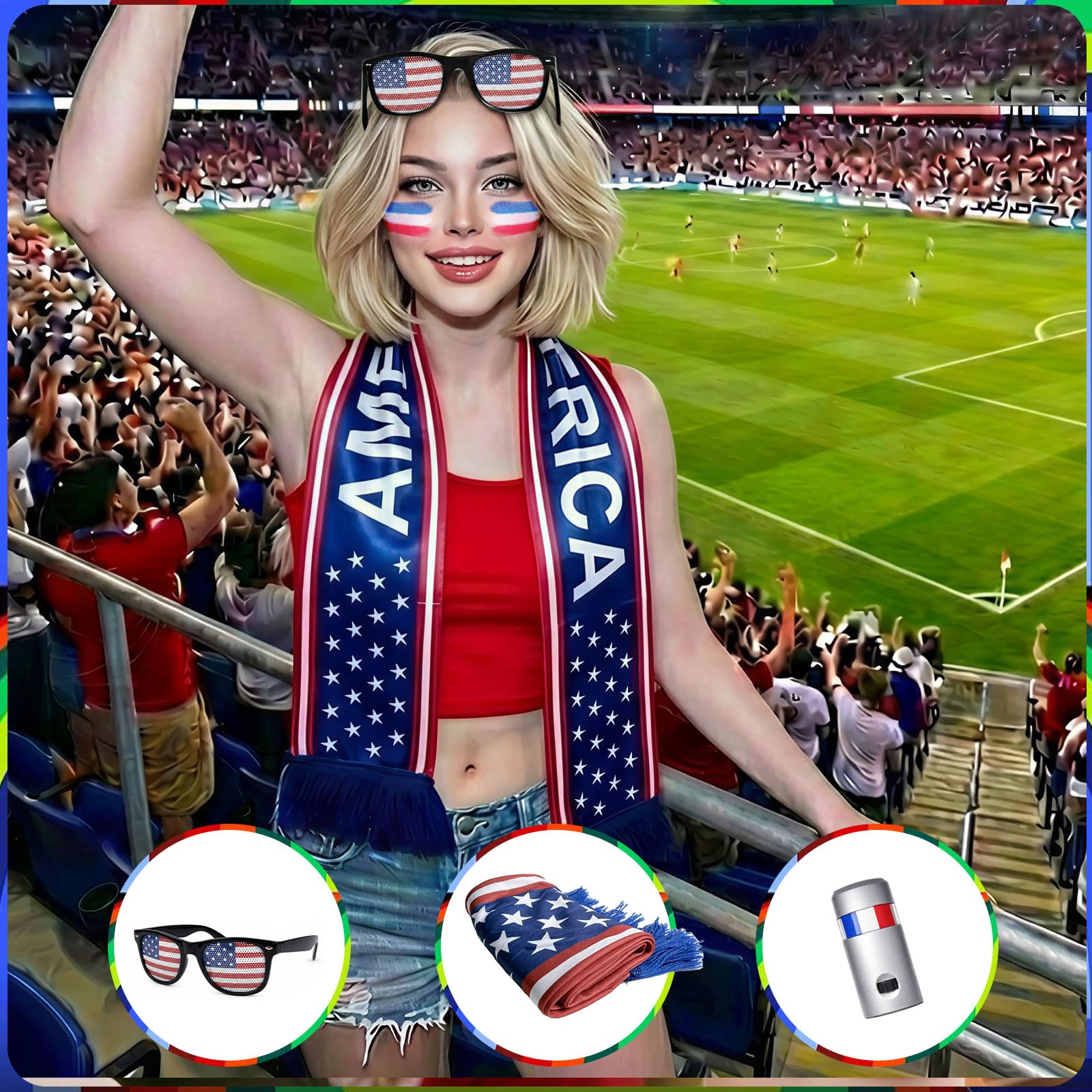 Soccer Fan Gear Set for 2026 World Tournament, USA Soccer Party Favors Kit with Flag,Scarf, Face Paint, Clapper, Horn&Glasses, American Supporter Accessories for Game Day, Sports Event, Boy Adult Gift - 3