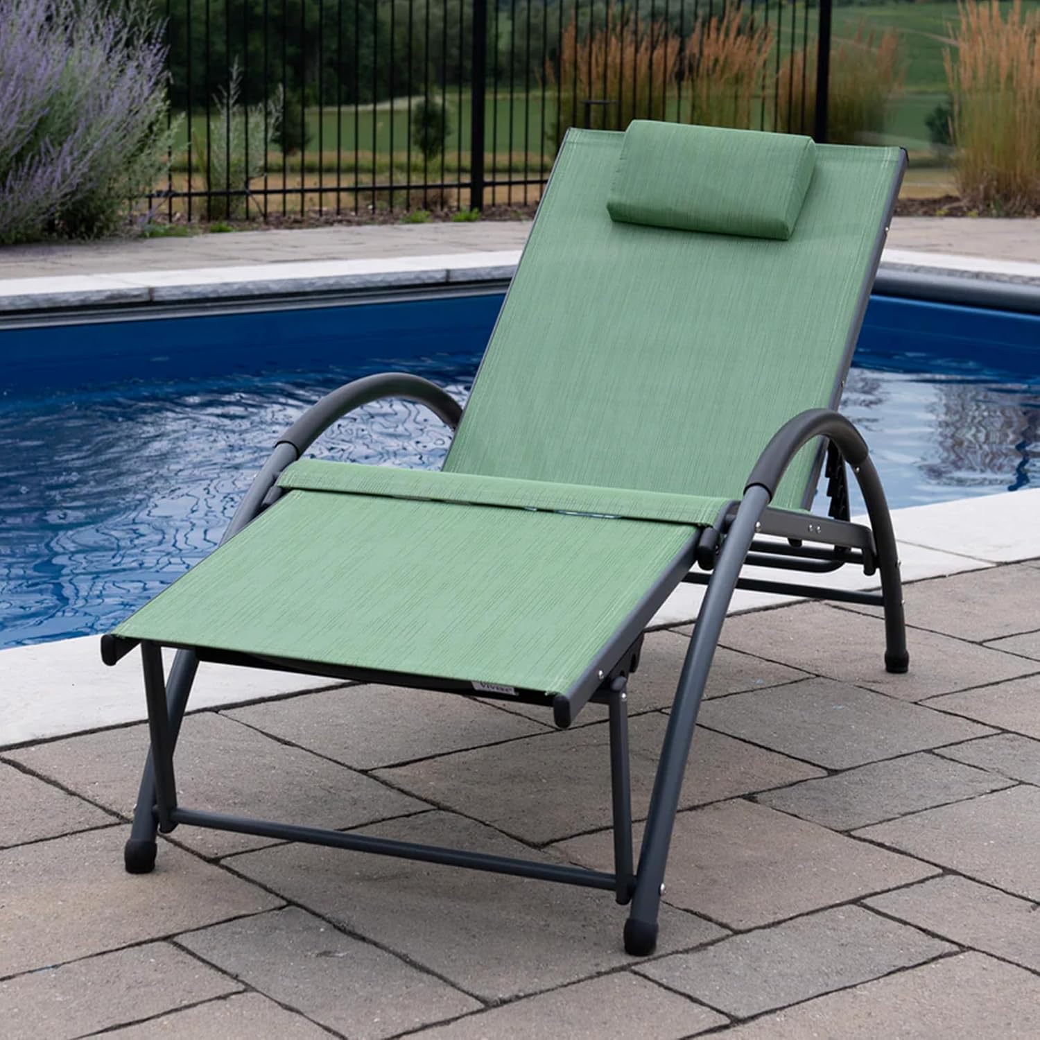Vivere Dockside Aluminum Outdoor Lounge Chair, Adjustable Reclining Pool Lounger with Headrest & Footrest, Folding Patio Tanning Chair, Olive Green