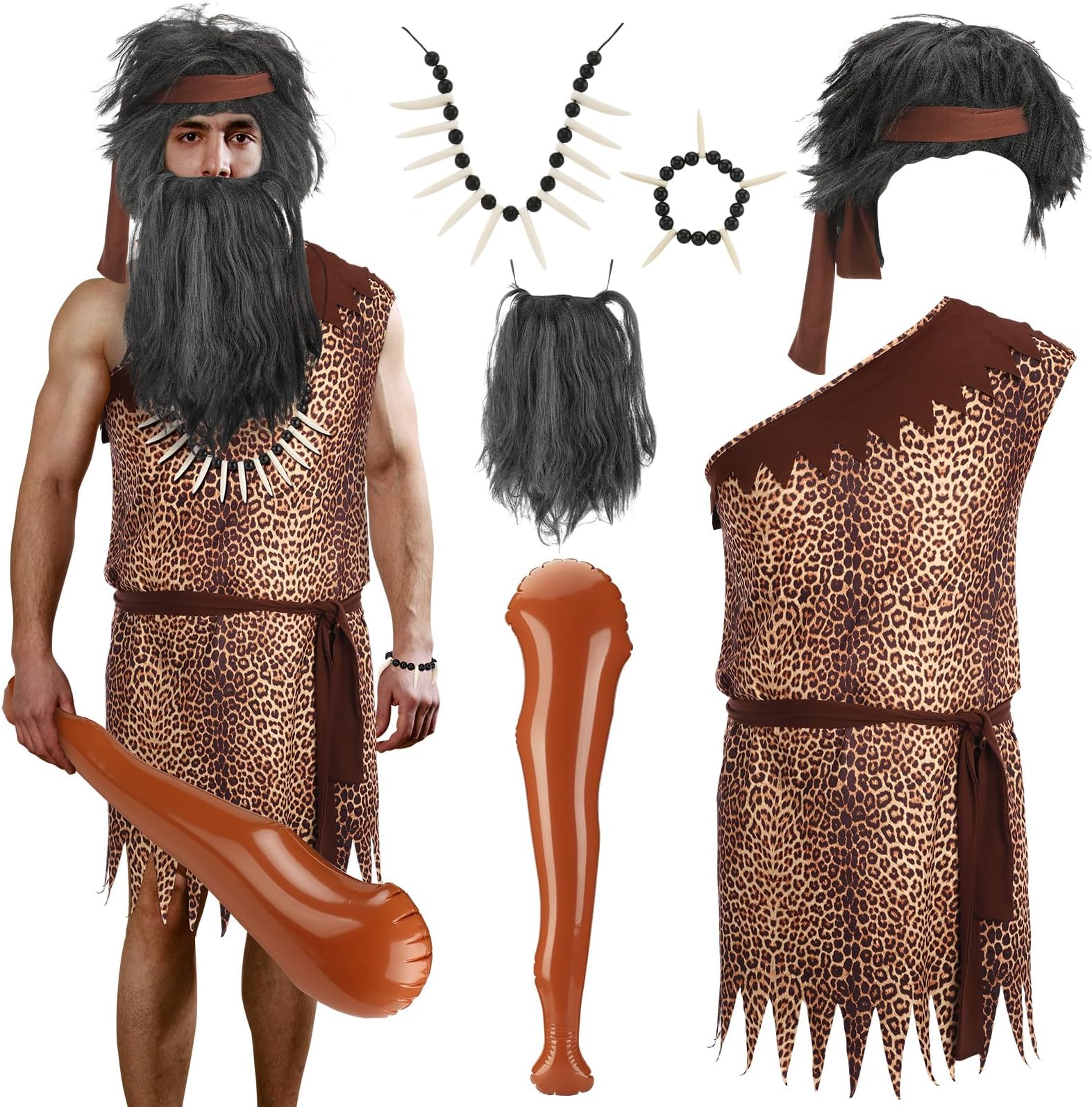 Ramede 8 Pcs Halloween Adult Wild Caveman Costume Brown Tunic Kit with Inflatable Cave Bat Wig Beard Bracelet Necklace for Adult Halloween Cosplay Costume