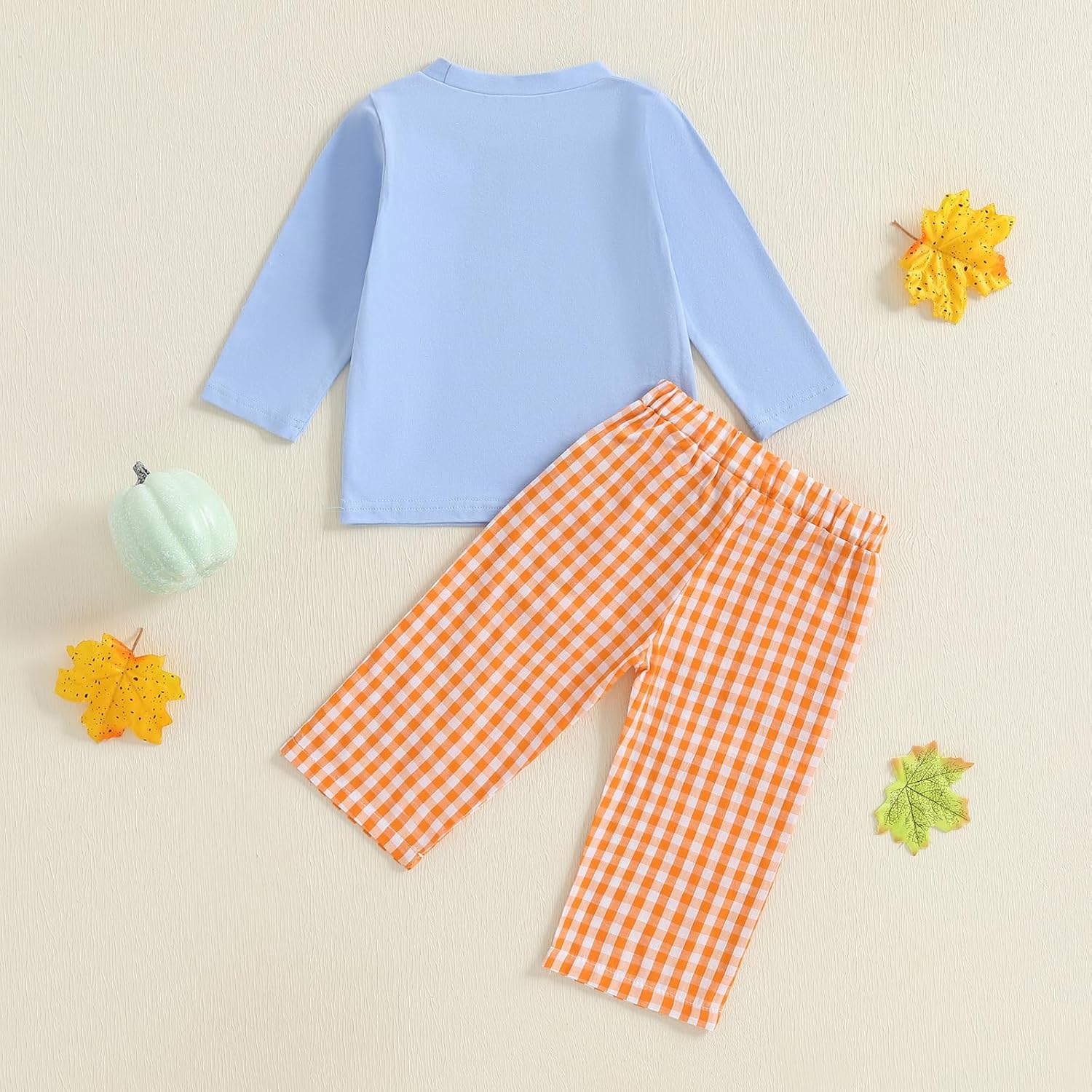 Toddler Baby Boy Halloween Pumpkin Outfit Long Sleeve Embroidery T-shirt Gingham Pants Two Piece Smocked Clothes - Image 3