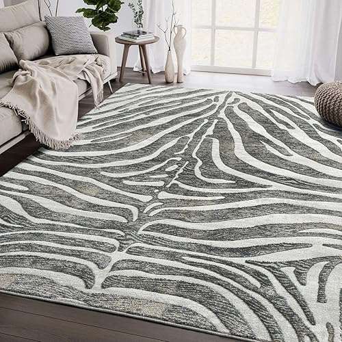 Abani Alfombra contemporánea con patrón de cebra gris y marrón, de 5 pies 3 pulgadas x 7 pies 6 pulgadas, no se desprende, alfombra moderna con disponible en Yaxa Peru