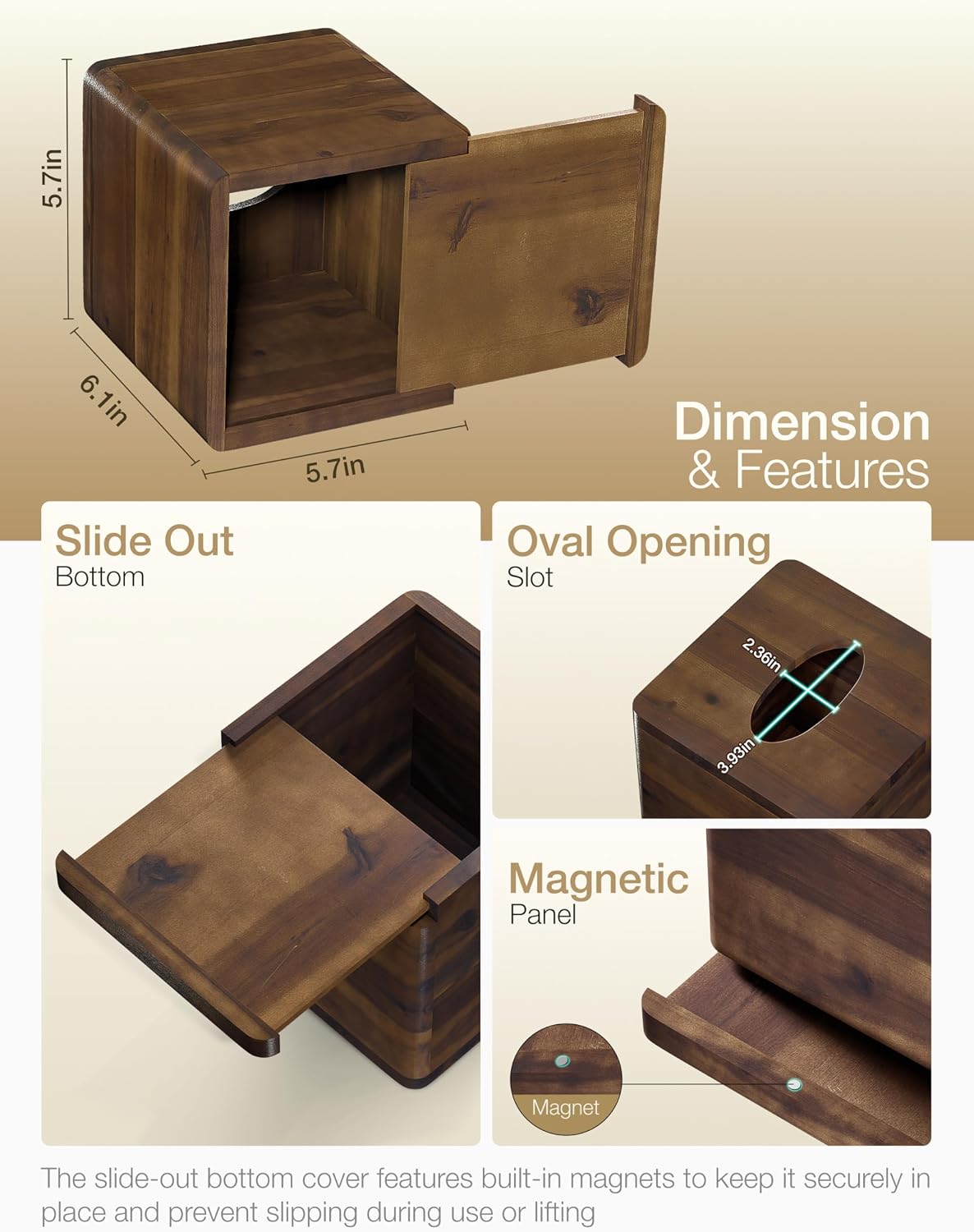 TIDITA Wooden Square Tissue Box Cover with Slide-Out Bottom (Walnut Color)