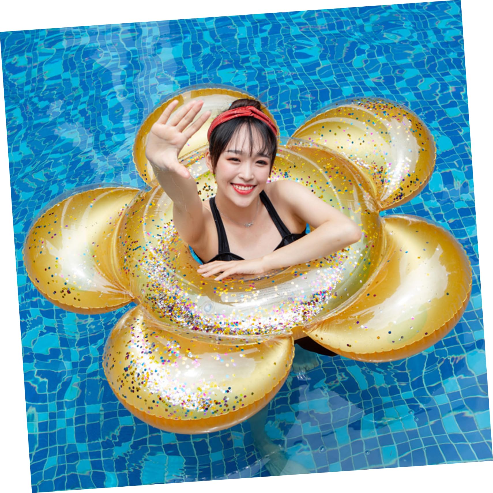 OHPHCALL Flower Shaped Inflatable Swim Ring Glittery Sunflower Pool Float Accessory for Adults for Pool Parties and Summer Fun