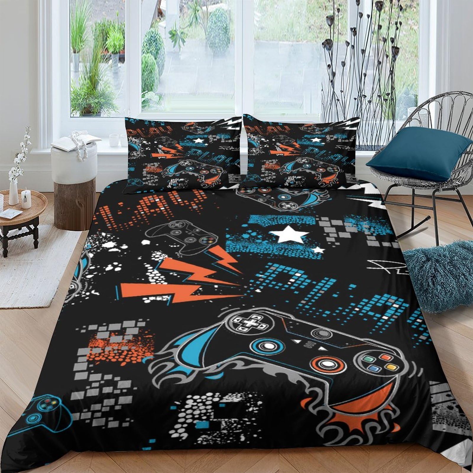 Ctjqhvkz Style-6 3D Printed Graffiti Gamepad Fitted Sheet Microfiber Soft Black Bed Cover For Bedroom Dorm Mattress Decor Protection Single（135X200cm）