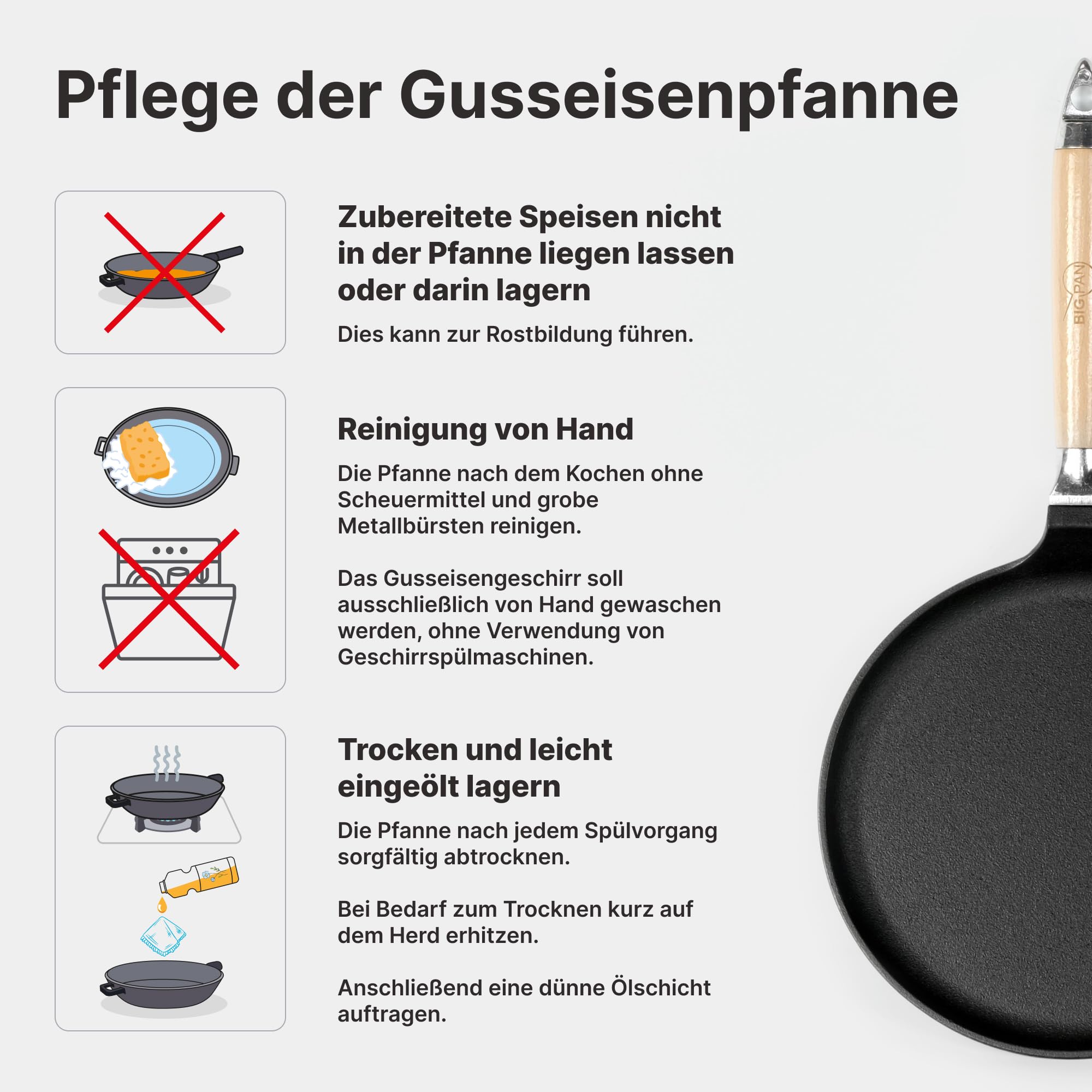 4BIG.fun Sartén para panqueques de 24 cm de diámetro, sartén de hierro fundido para crepes/tortitas, sartén omlett, sartén para crepes para todo tipo de fuegos, incluye inducción