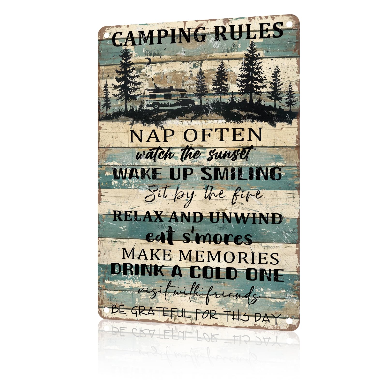 Anceky Retro Metal Sign Camping Rules Tin Sign Retro Aluminum Metal Sign Wall Decor for Cafe Garage Kitchen Yard Outdoor 12×16 Inch
