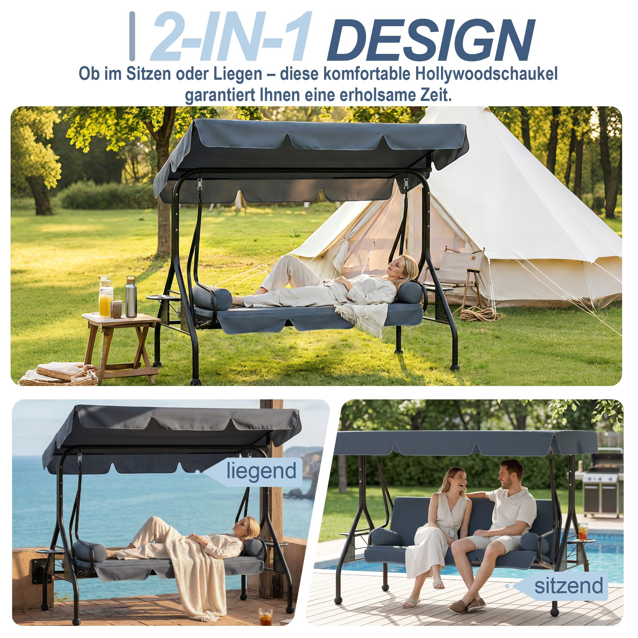 LZQ Hollywoodschaukel 3-Sitzer Grau mit Liegefunktion, verstellbares Sonnendach, inkl. Kissen & Tabletts, rutschfeste Standfüße, Outdoor Schaukelbank für Garten, Terrasse, Pool und Veranda