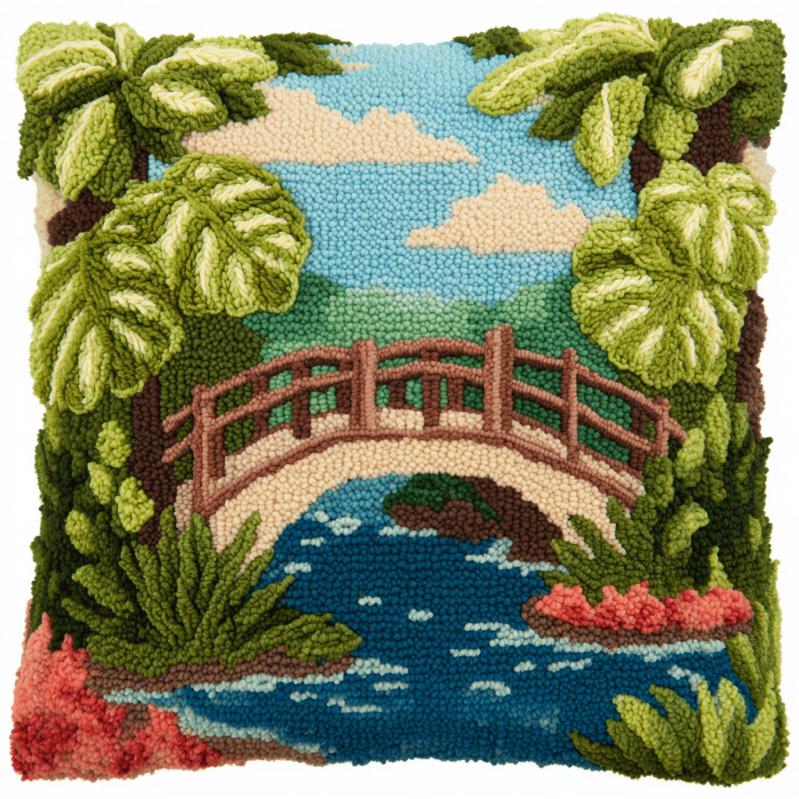 Taxpy River Bridge Latch Hook Cushion Kit for Adults,17x17in Pillow Cover Craft with Pre-Printed Canvas,Soft Yarn and Hook Tool for DIY Home Decor