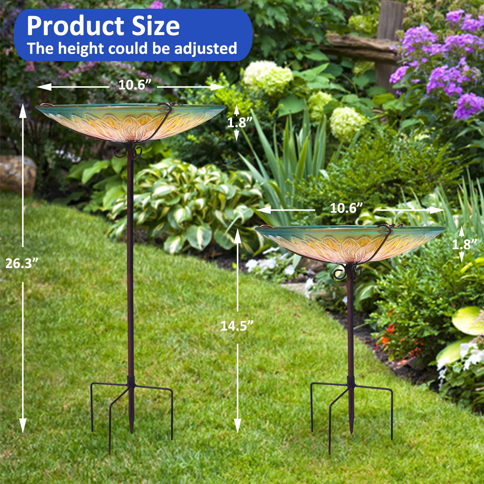 meetjoyancy Vogeltränke, Glas-Vogeltränke, Schale abnehmbar, Vogelfutterspender Schüssel mit Metallpfahl, stehende Vogeltränke für den Außenbereich, Garten, Sonnenblumengelb