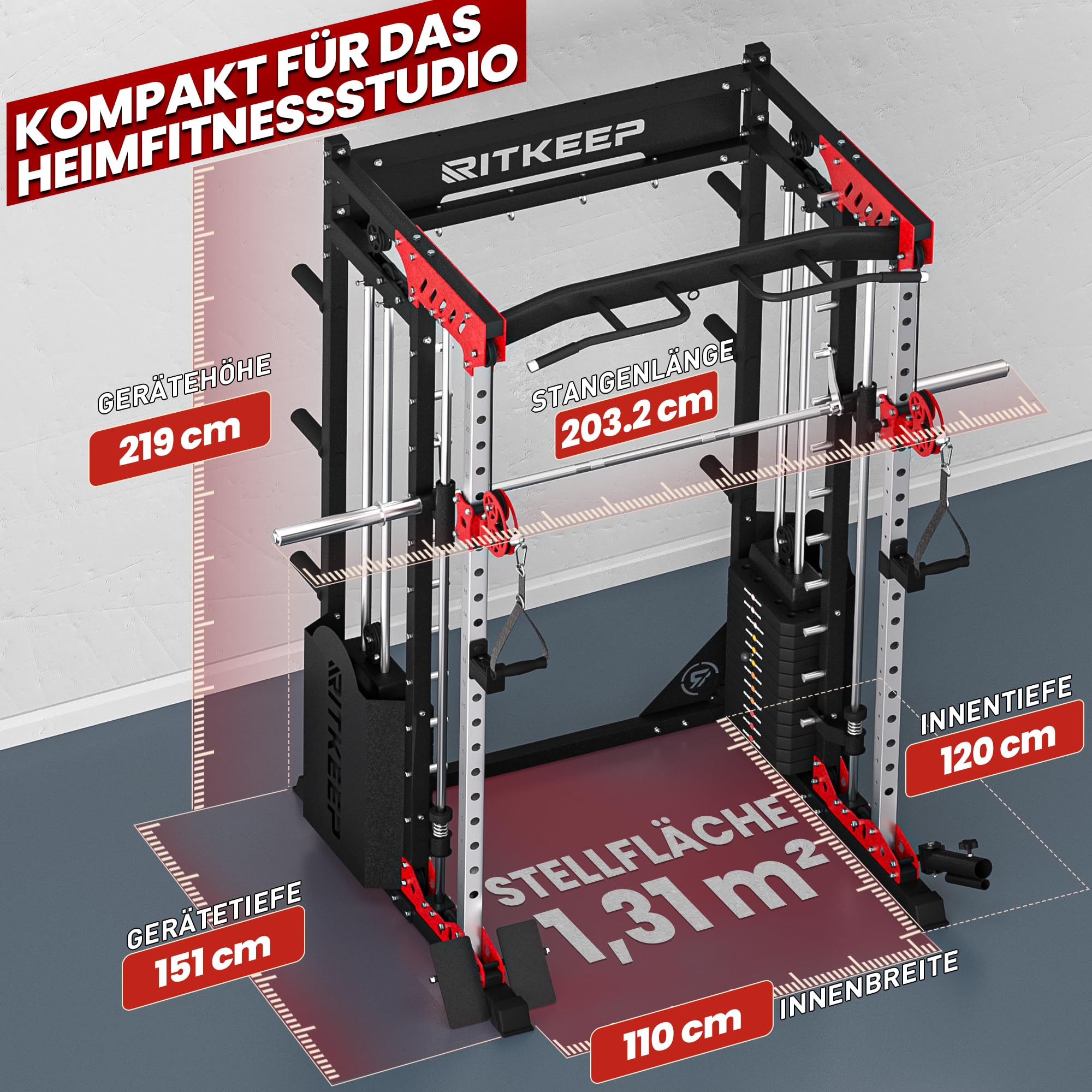 Heimtrainer Smith-Maschine mit 150 kg Gewichtsblöcken, 6-in-1 Power Rack mit Kabelzug, Klimmzug- & Dip-Station, Fitnessgerät für das Home-Gym – RitKeep PMAX-5600