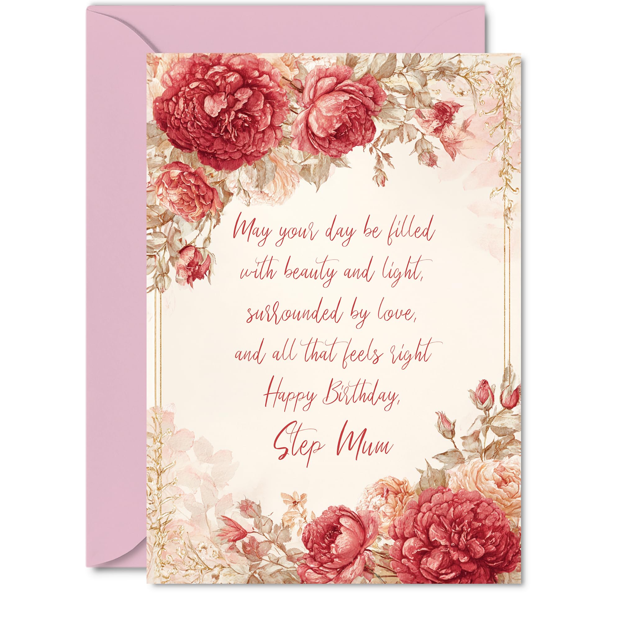 Step Mum Birthday Card - Vintage Peonies - Happy Birthday Card for Step Mum from Son Daughter, 5x7 Inch Classic and Timeless Bday Greeting Cards