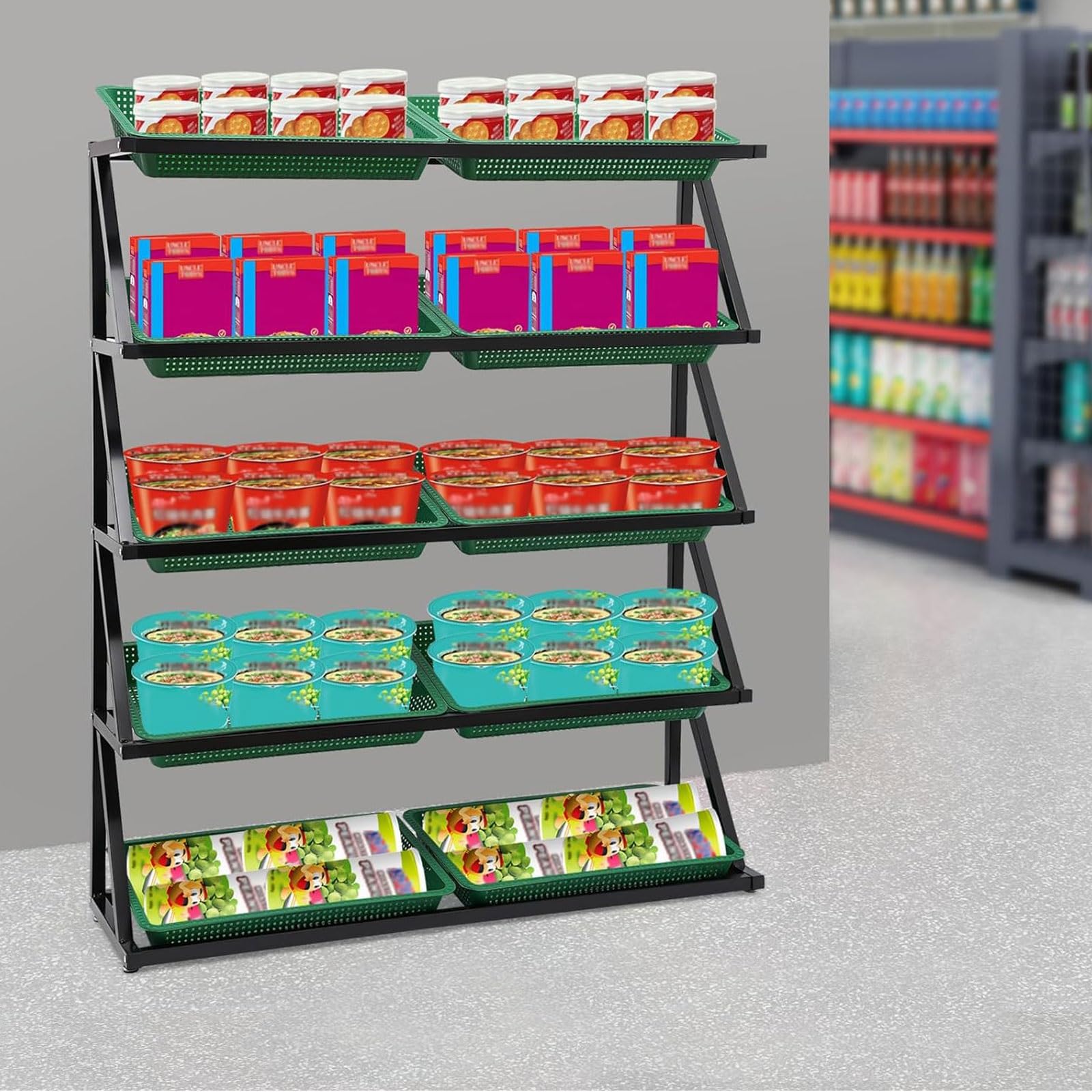 Generisch Grünes Supermarktregal mit 4 Ebenen, Obst- und Gemüsekorbständer für Küche, Büro, Speisekammer, Snackaufbewahrung – Allzweckregal 47,2 x 13,7 x 43,3 Zoll