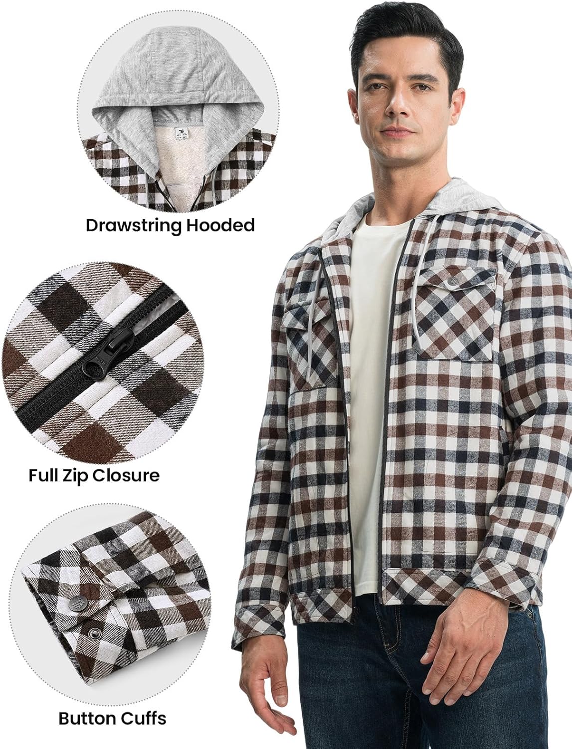 Rdruko Men's Flannel Plaid Shirt Jacket with Hood Sherpa Lined Zip Up Winter Warm Coats - Image 2