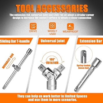 XHTT Mechanics Tools Kit,108-Piece 1/4&1/2 Metric And Standard Socket Set,Ratchet Set,Quick Release Reversible Ratchet Wrench,Universal Joint,Extension Bars.