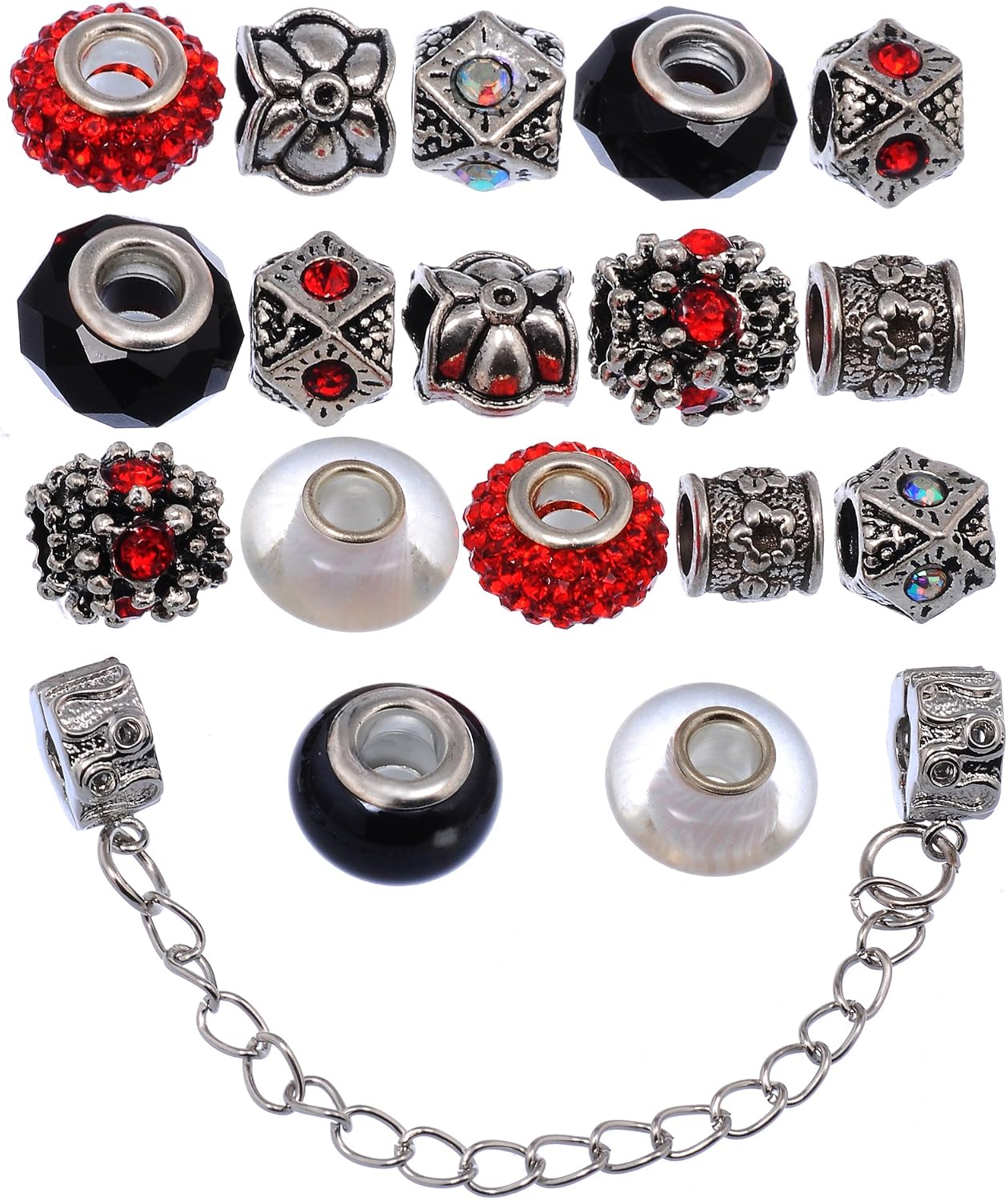 RUBYCA Silver Tone European Charm Bracelet 7.9" Black & Red Murano Glass Beads Jewelry Making Kit 2, Kit 02, 7.9" = 20 CM Bracelet - Image 3