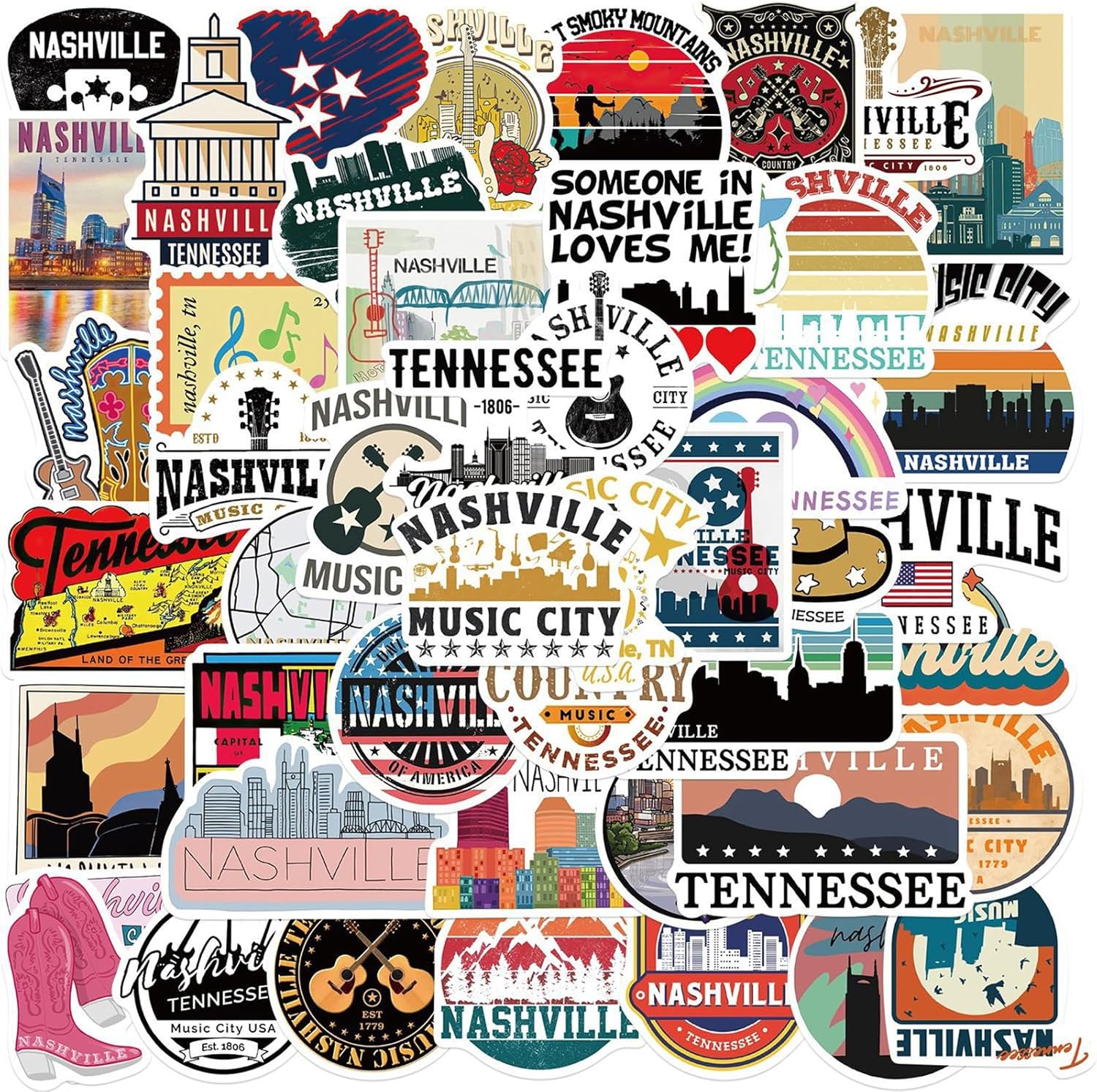 50 Pcs Tennessee Nashville Stickers,Waterproof Vinyl Music City Decals for Water Bottles Laptop Luggage Cup Mobile Phone Skateboard Guitar Helmet Skateboard Guitar Snowboard Décor (Nashville)