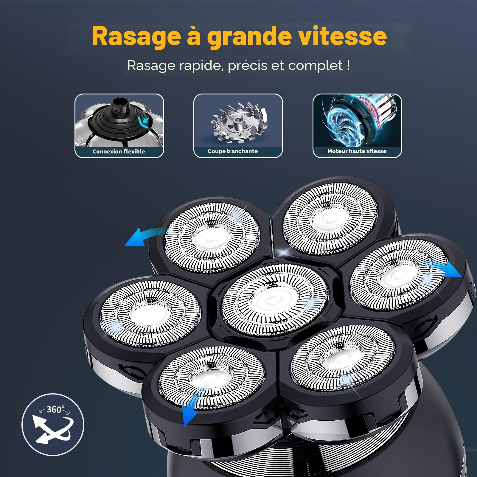 ETENTOUS Rasoir Tete Chauve Homme, 7D Rasoir Électrique Homme- 6 en 1 Tondeuse Crane Chauve- Humide/Sec Étanche IPX7 pour Hommes Chauves avec Écran LED.