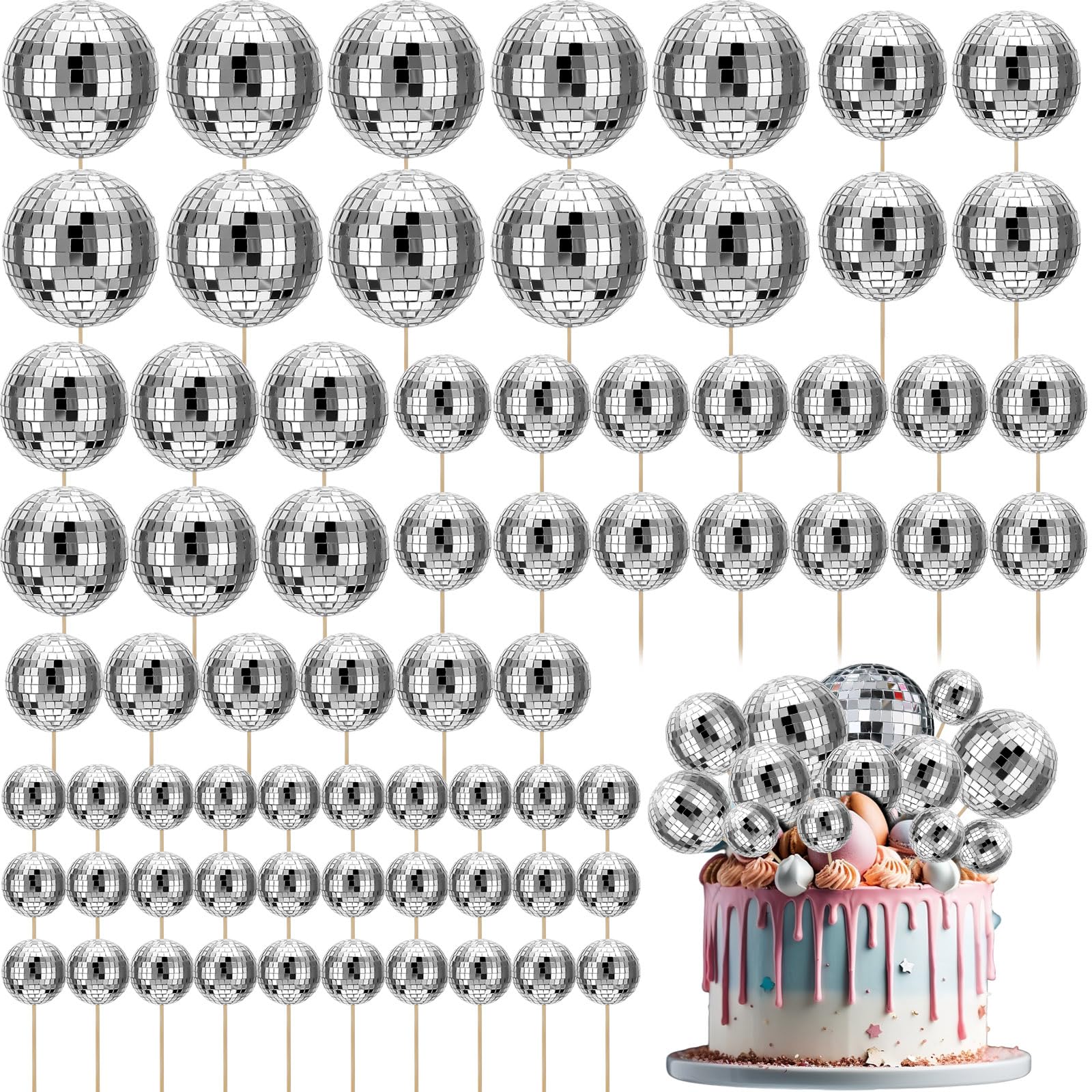 Geetery 70 Pcs Disco Ball Cake Topper 1.18'' 1.57'' 2.36'' 3.15'' Disco Ball Cupcake Topper Disco Ball Centerpiece Decorations Picks for Birthday Wedding 1970s Party Supplies Favors Ornament