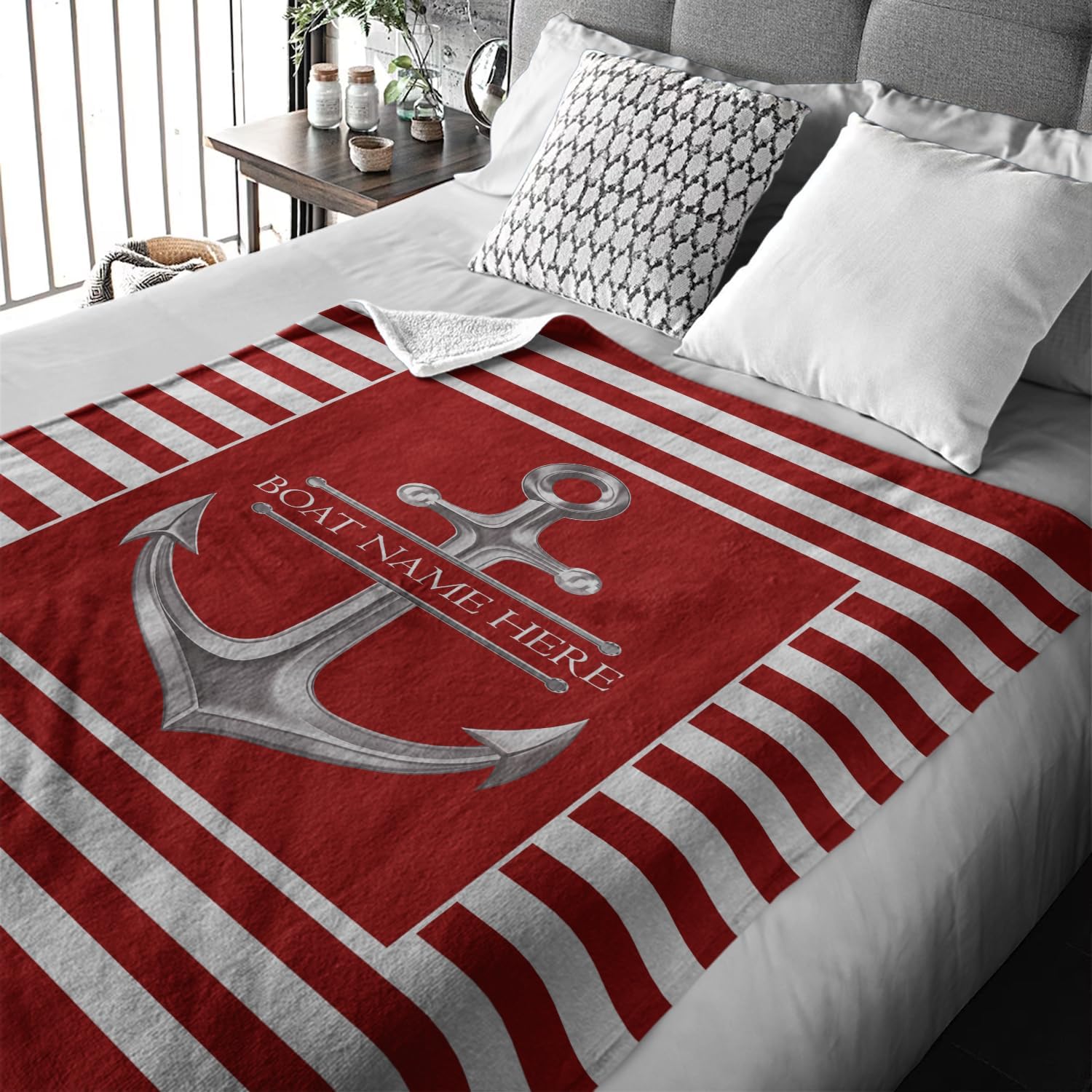 Personalized Anchor Blanket - Custom Boat Name Sherpa Blanket, Super Soft Fleece Throw Blanket for Couch, Nautical Gifts, Yacht Bedding Gift