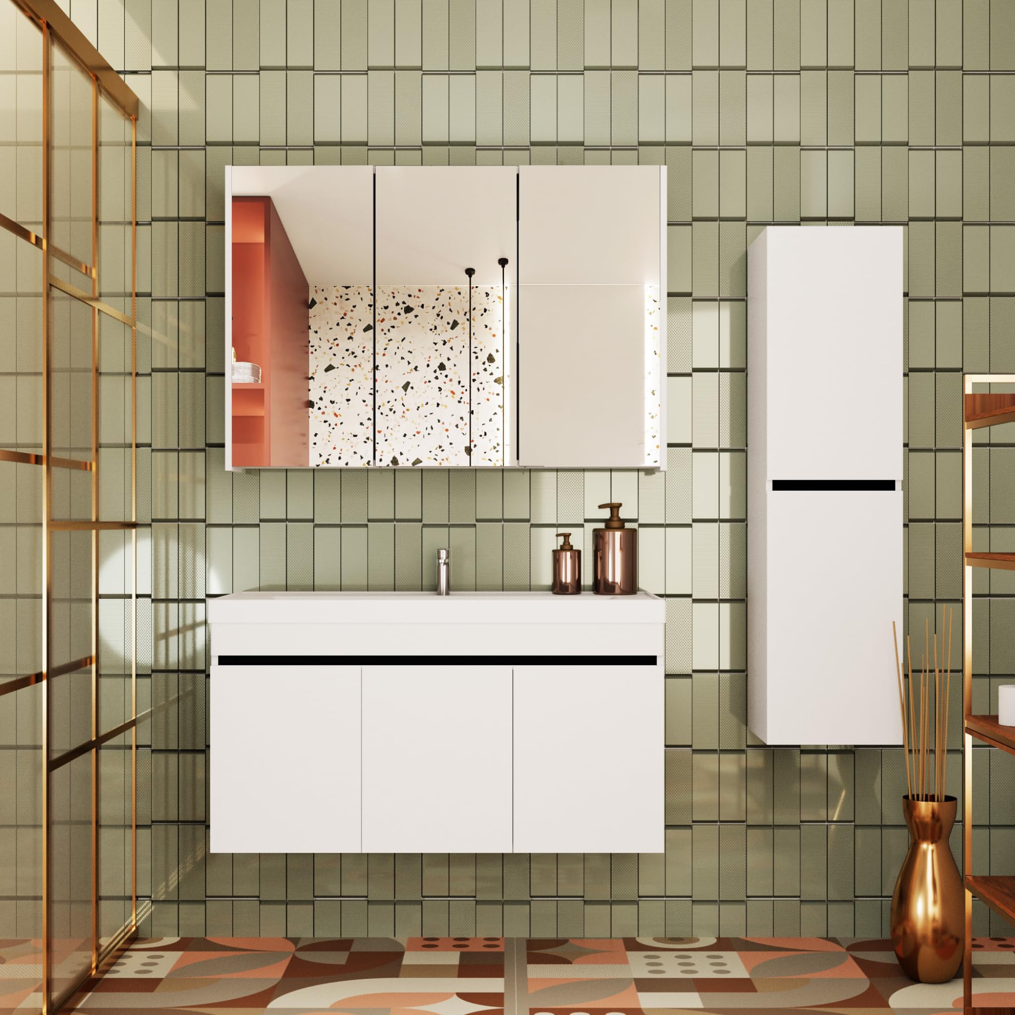 Badmöbel Set Venus 100 Weiß | Keramikwaschbecken | Unterschrank | Spiegelschrank | Softclose-Türen & unsichtbare Griffe | Futuristischer Stil | Badezimmermöbel Waschtischunterschrank