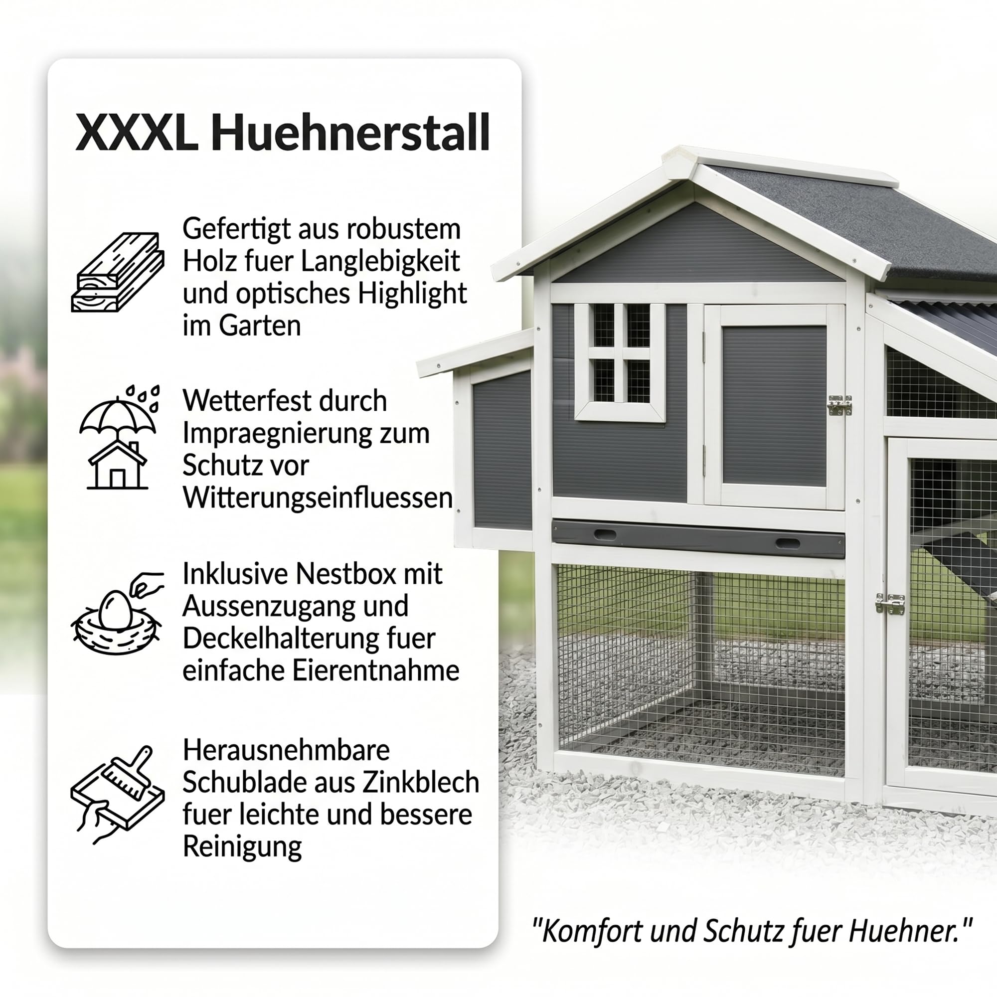 Mucola Hühnerstall Hühnerhaus mit Legenest und Auslauf 176x102x66 cm Holz | Herausnehmbare Kotschublade mit Zinkblech, Eiablage außen zugänglich, wetterfest imprägniert, Weiß-Grau, Geflügel, Hasenstall
