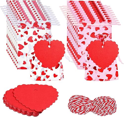Ausejopeac 50 bolsas de dulces de corazón para el día de San Valentín, bolsas de joyería de organza y 50 etiquetas de papel kraft para el día de San