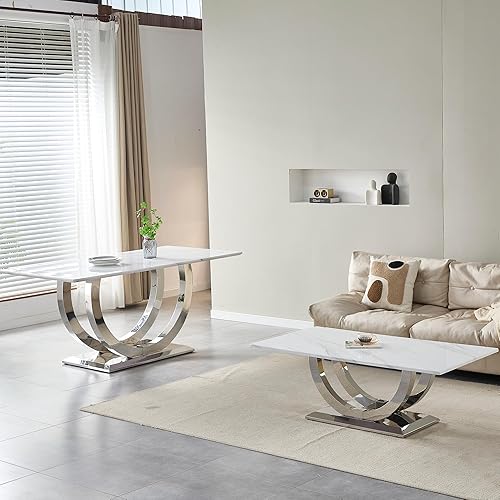 Miniatura 7 de Mesa de comedor de lujo de 69.3 pulgadas para 4 y 6, mesas de comedor de cocina de mármol blanco con parte superior de mármol sintético de 0.98