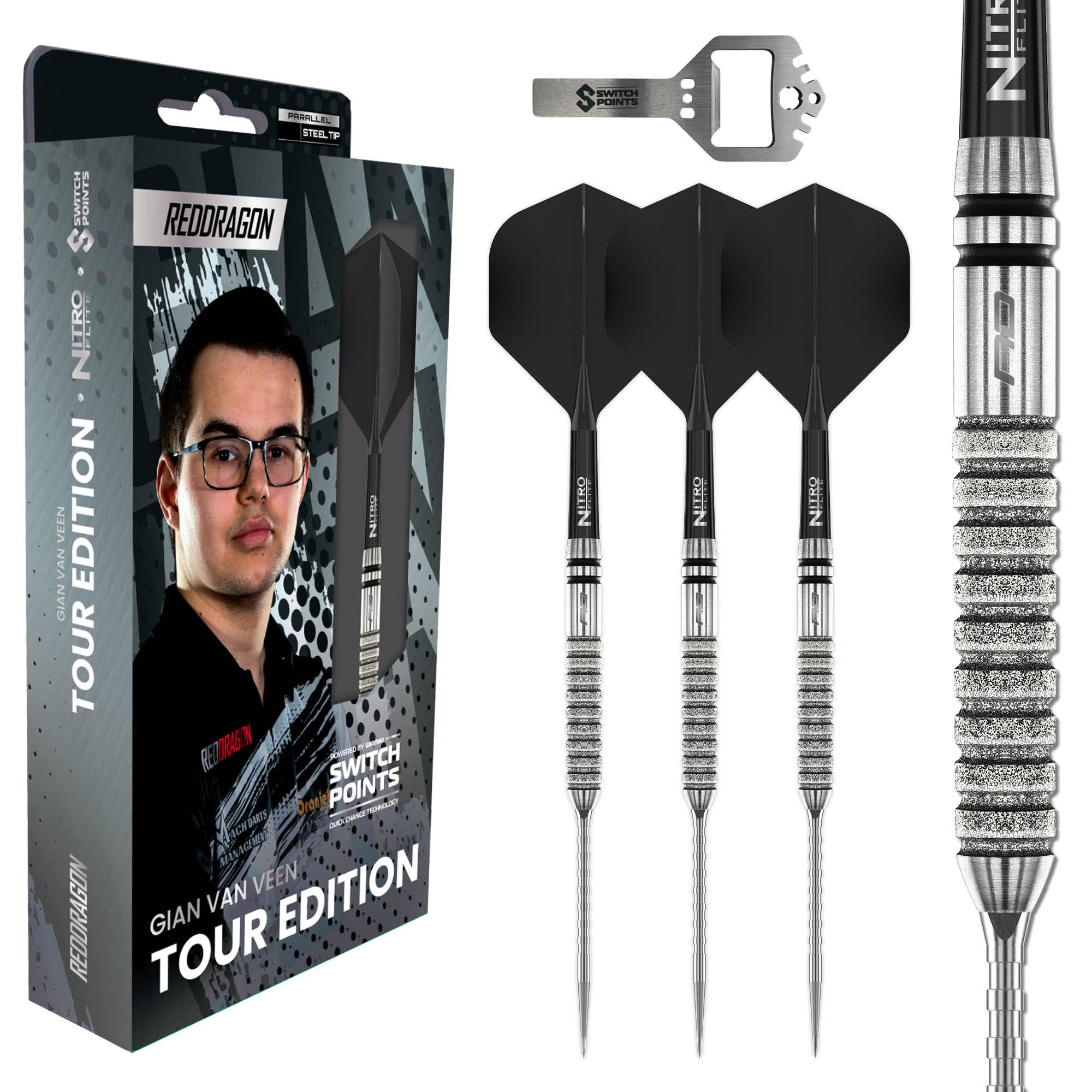 RED DRAGON Darts - Gian Van Veen Tour Edition Series - Original | Switch Points Powered by Winmau - 90% Tungsten Darts Set - Nitro Flite Integrated Flight/Shaft, Dart Flights & Stems | 21g Dart
