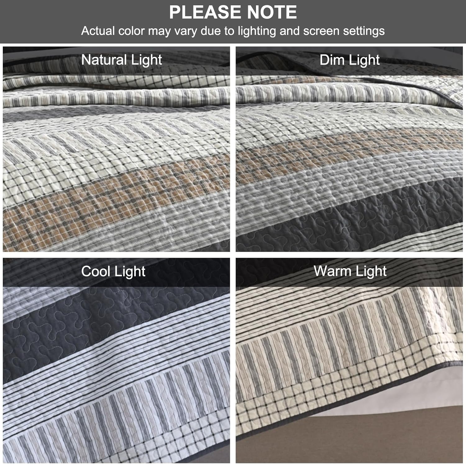 PANGUSHAN 100% Cotton Quilt Set Queen Size, Patchwork Queen Quilt Bedding Set Bedspreads, Farmhouse Lightweight Comforter Reversible Quilt, White/Brown/Grey Bed Spread for All Season, 3 Pieces - Image 8