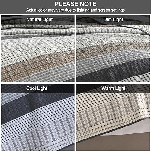 Vista 23 de PANGUSHAN Juego de edredón tamaño Queen, juego de ropa de cama 100% algodón, colcha de retazos a cuadros, reversible, ligero, colcha para cama Azul