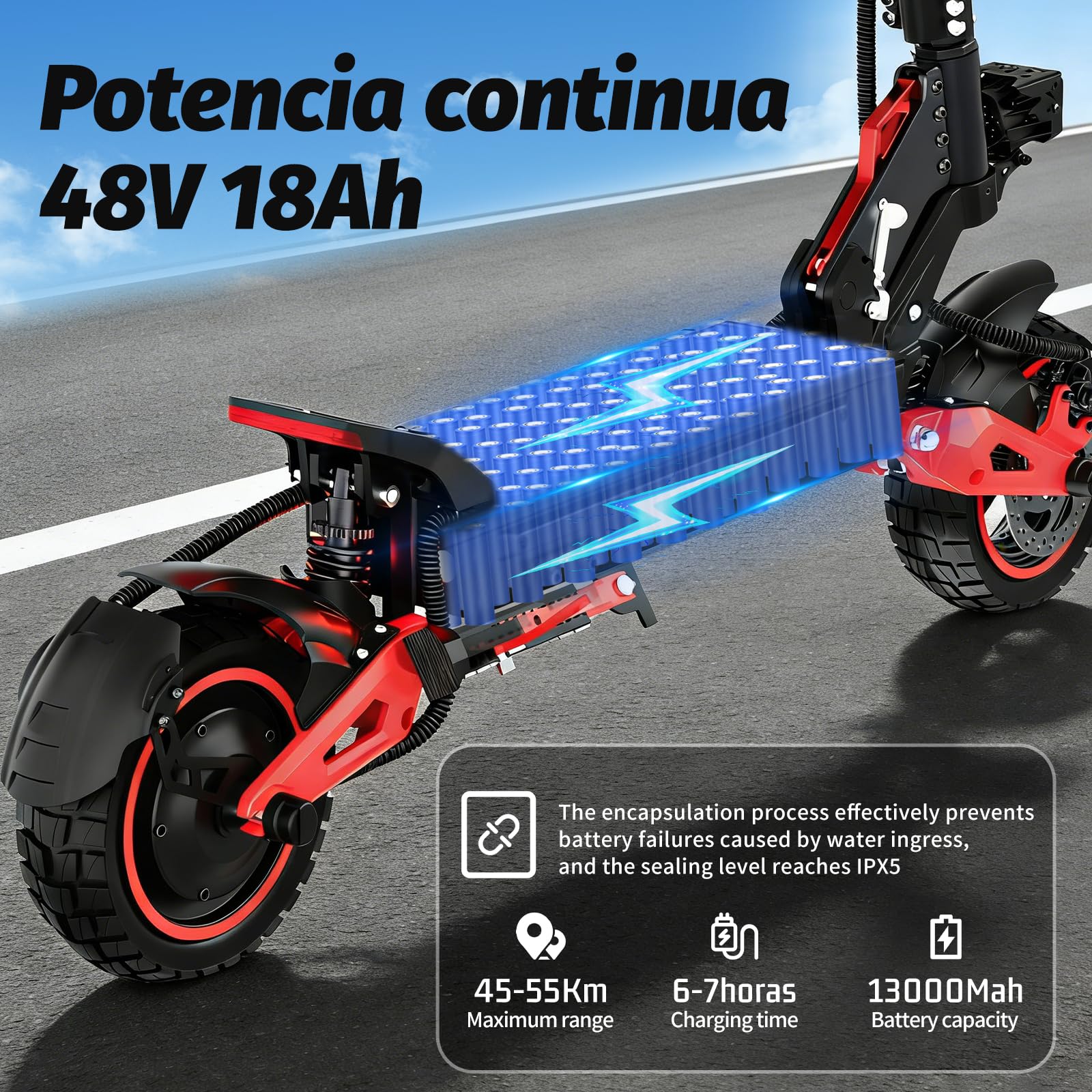 Patinete Eléctrico Adulto Plegable 11” Off-Road, Autonomía 50-55KM, Velocidad Máx 25 km/h, Batería 48V 18Ah, Doble Suspensión, Doble Freno de Disco, Scooter Eléctrico Potente Todo Terreno