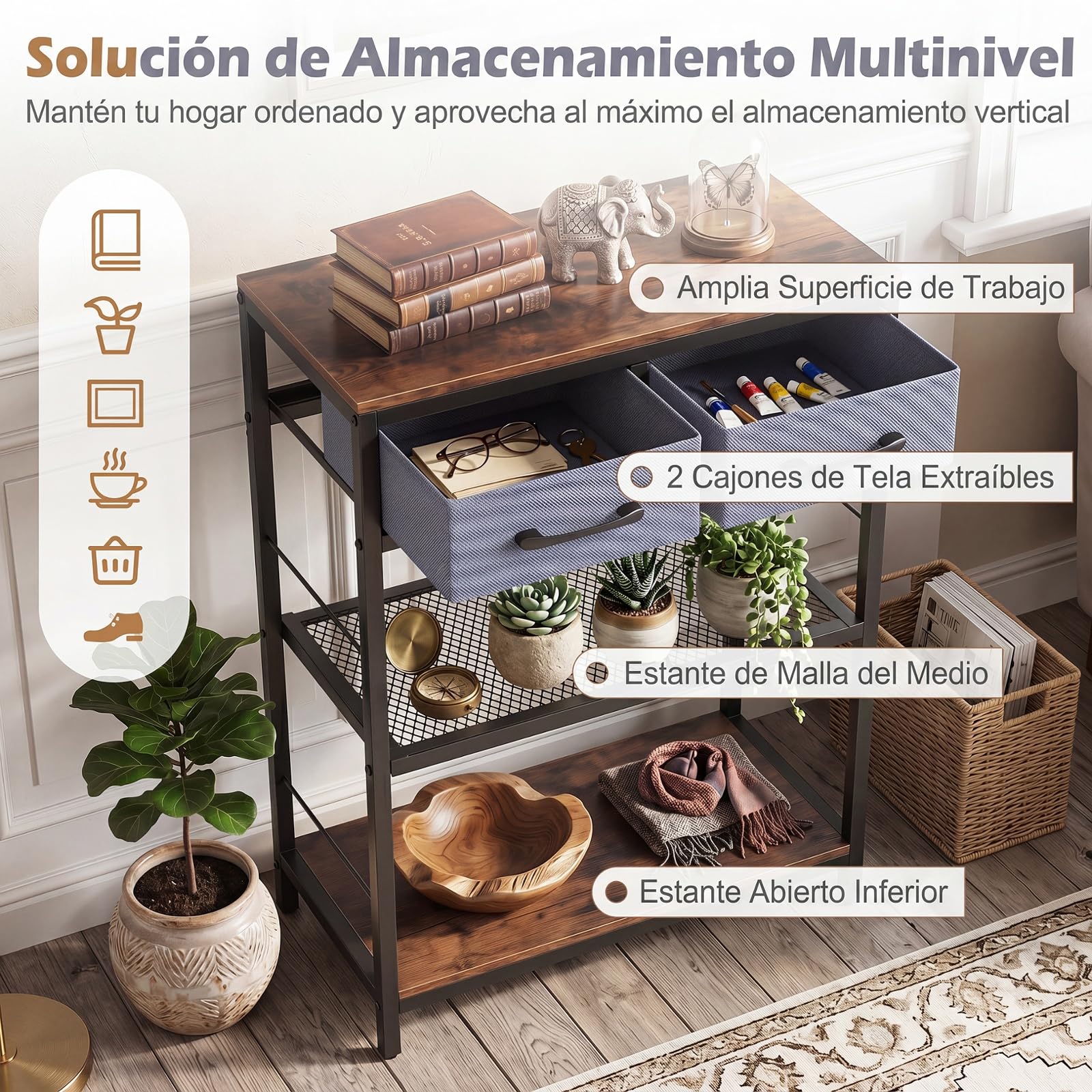 COSTWAY Mesa Consola Estrecha, Consola Recibidor con 2 Cajones de Tela y 2 Estantes Abiertos de Almacenaje, Estructura de Metal, Mesa de Entrada Rústica para Salón Pasillo, 60 x 30 x 81 cm (Marrón)