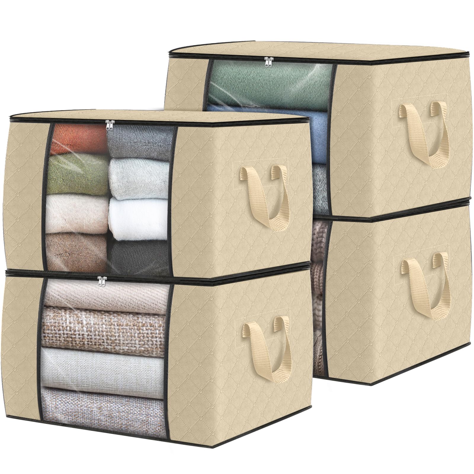 Fab totes 4 Pack Clothes Storage, Foldable Thick Fabric Blanket Storage Bags, Containers for Organizing Bedroom, Closet, Clothing, Comforter,Organization with Handle,Beige