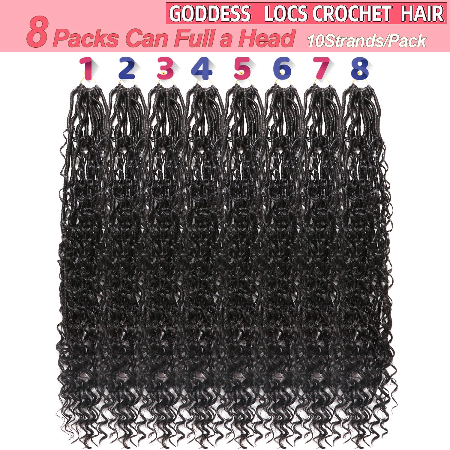 Goddess Locs Crochet Hair, Soft Pre-Looped Synthetic Faux Locs, 8 Packs