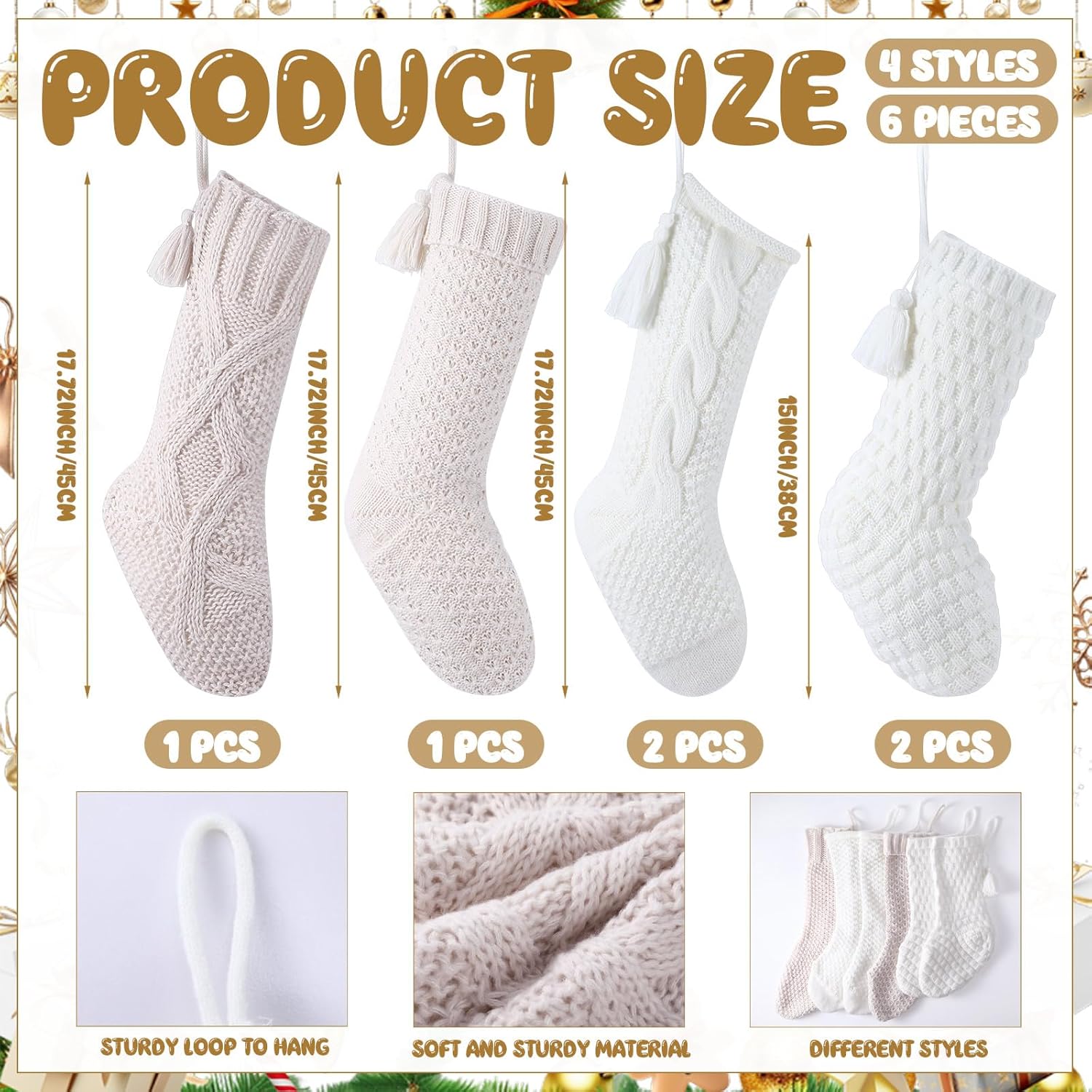 Chicingyou 6 Pack Knit Christmas Stockings 18'' 15'' Cream White Cable Knitted Fireplace Hanging Ornaments Neutral Farmhouse Rustic Boho Xmas Stockings for Xmas Tree Fireplace