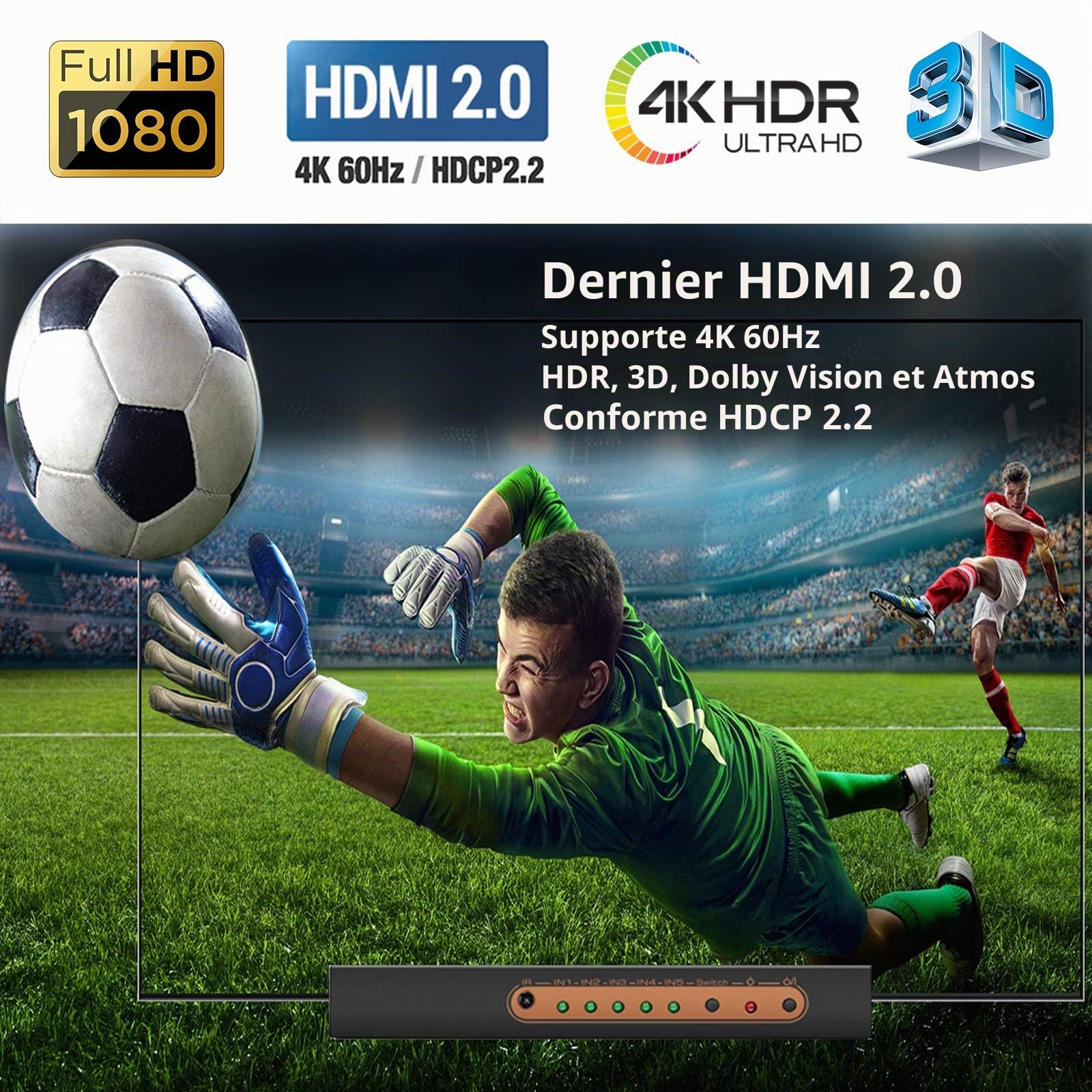 Switch HDMI 4k, 5 Entrée vers 1 Sorties Commutateur HDMI avec Télécommande IR Support 4K 60hz, 2K, 1080P, 3D, HDCP 2.2, UHD, HDR pour PS 3/4, XBOX One/360, Lecteur DVD, HDTV, Écran Projecteur