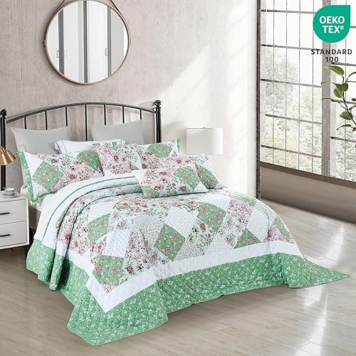 Miniatura 5 de DaisyHuang Colcha extragrande King de 128 x 120 pulgadas, extra ancha, funda de edredón floral de retazos de granja, reversible, 6 piezas, 100%