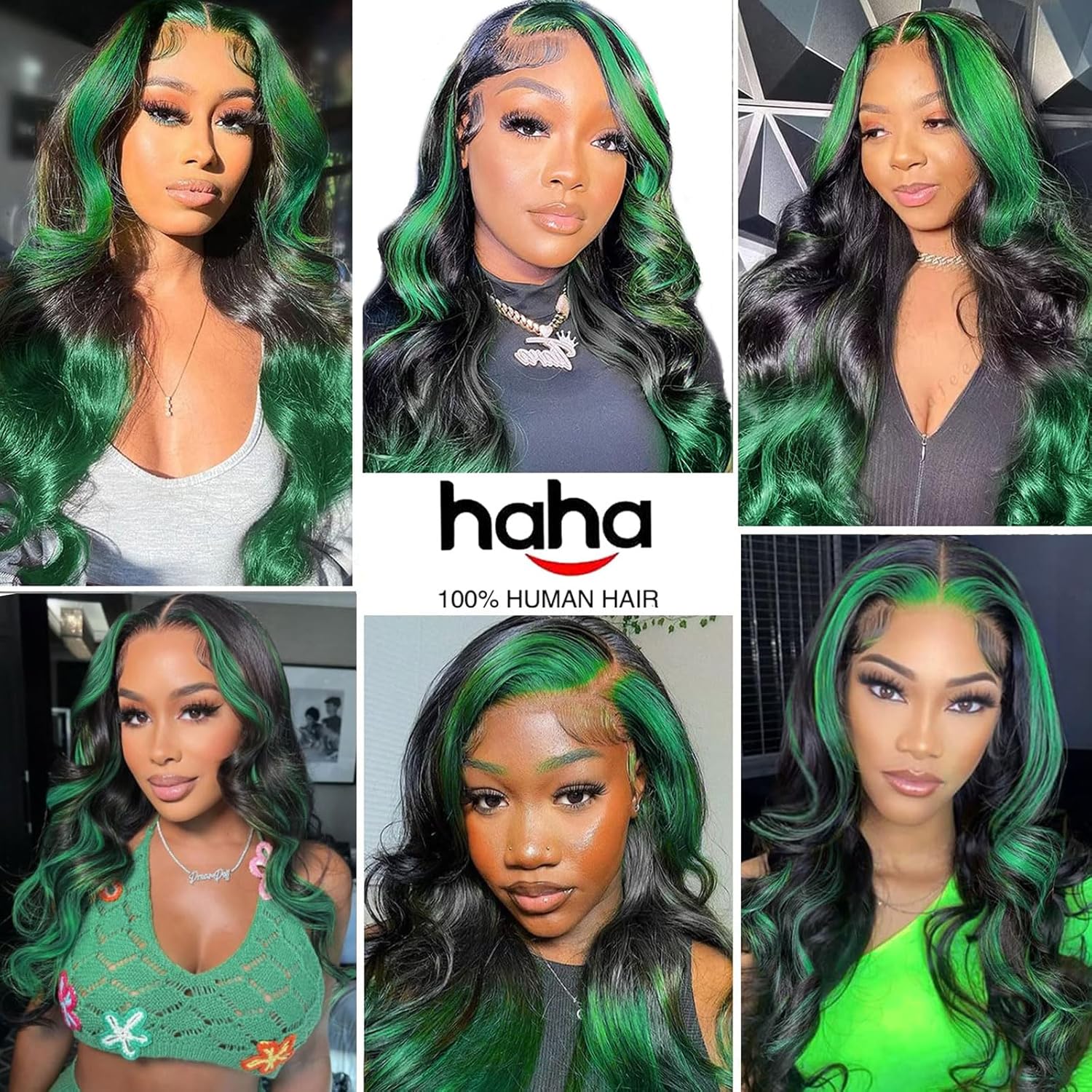 haha Black Green Ombre Lace Front Wig Human Hair Highlight Green Lace Front Wig Pre Plucked Skunk Stripe Body Wave Hd Lace Frontal Wig 13x4 Glueless Colored 24 Inch 150% Density