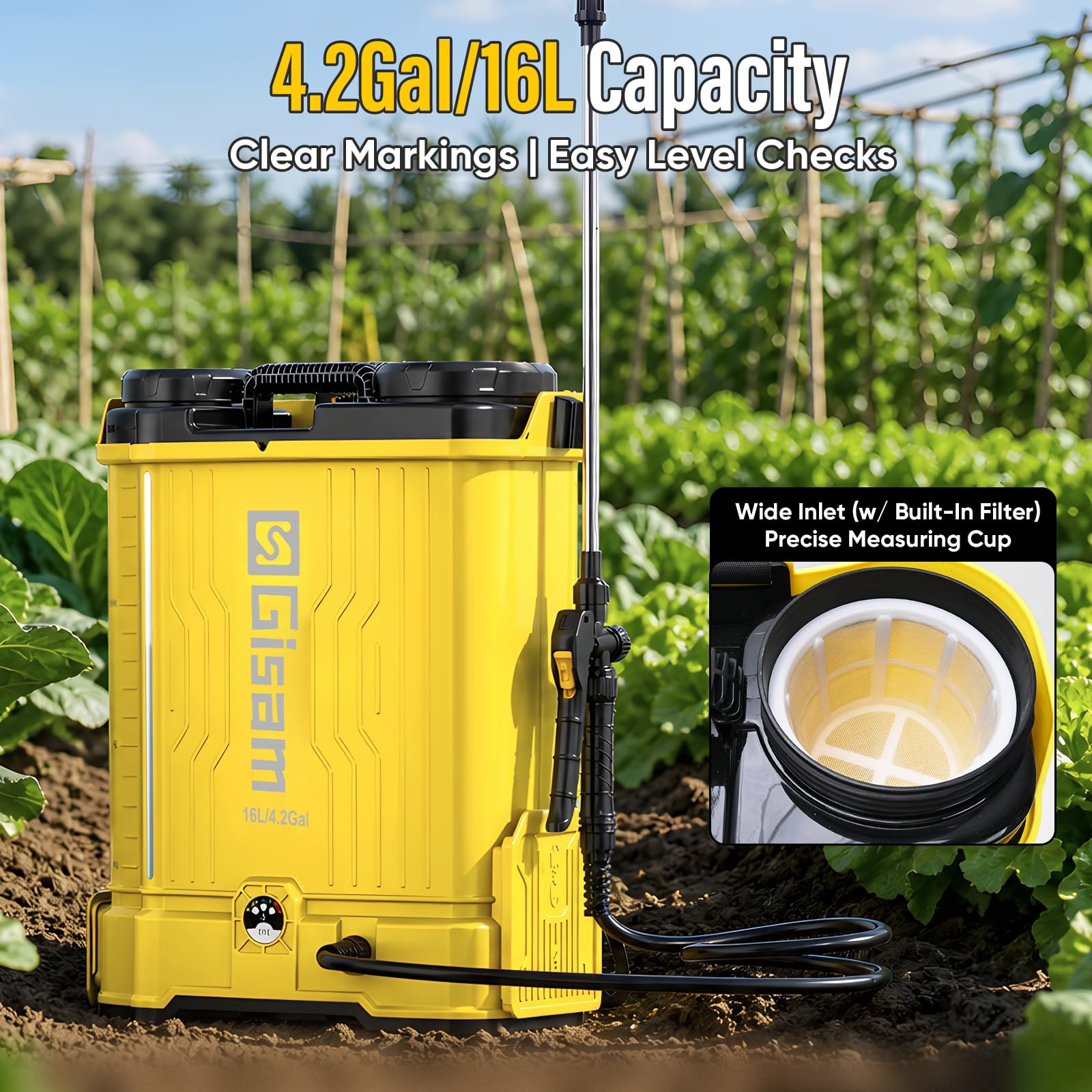 16L Akku Drucksprüher, 120 PSI Gartenspritze, Rückenspritze mit Rührfunktion, 2 x 2000 mAh-Akkus, 5 Düsen & Korrosionsbeständiger, Sprühbalken für Unkraut, Düngung, Pestiziden