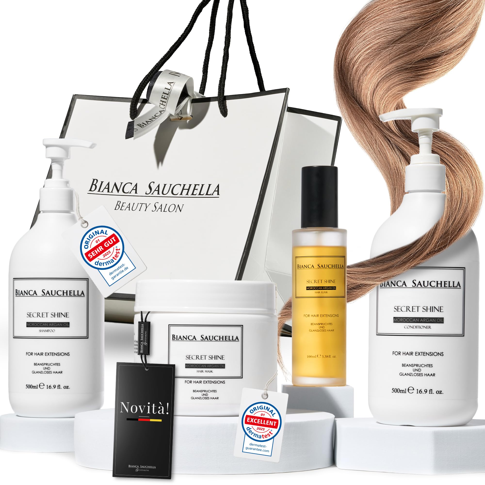 Secret Shine Arganöl Extensions Pflege Set – Shampoo & Conditioner mit Collagen & Vitamin B3 für glänzendes, kräftiges Haar & gepflegte Echthaar-Extensions,Parabenfrei 2×500 ml