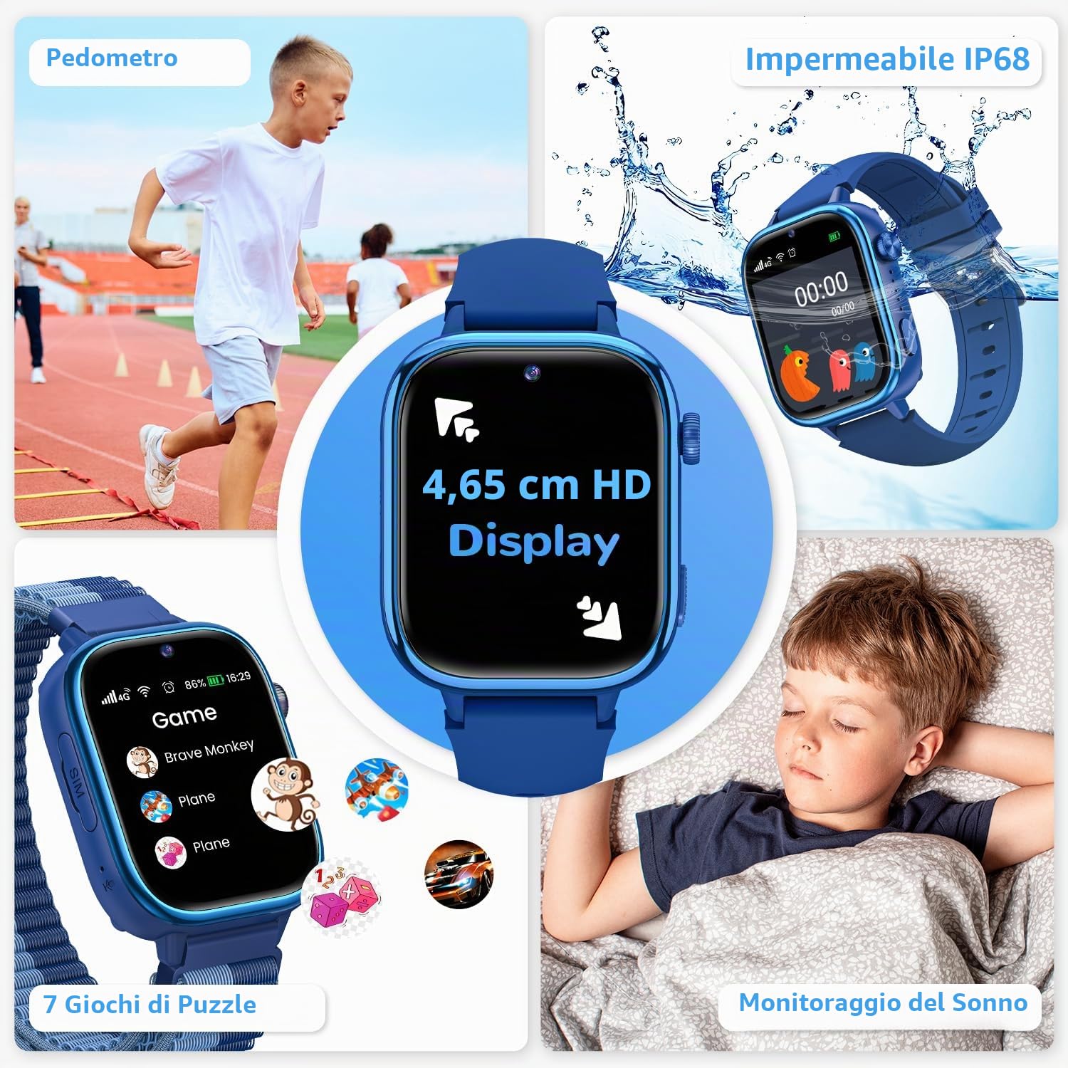 RUXINGX Smartwatch Bambini con GPS, Videochiamate, 4G Orologio Chiamate Blu | Chat Vocale, Funzione SOS, Modalità Scuola, Fotocamera, Sveglia, Contapassi Impermeabile IP68 per Ragazzi Ragazze Blu