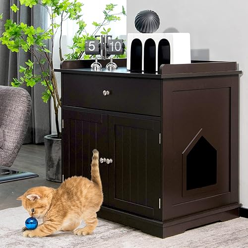 Miniatura 9 de Tangkula Caja de arena para gatos, muebles ocultos con cajón grande, 2 puertas, banco de almacenamiento para baño de gatos, mesa auxiliar