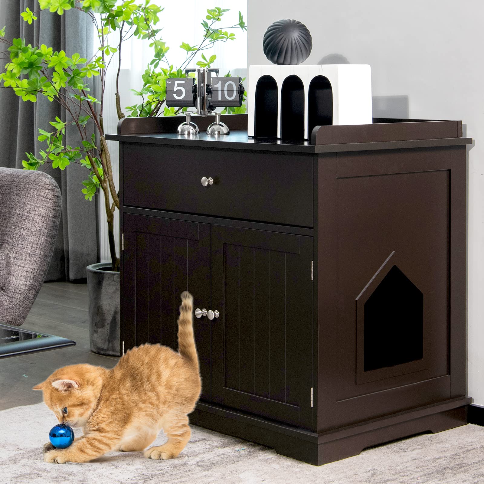 GOPLUS 3 in 1 Katzenschrank, Katzenklo mit Schubladen, Doppeltüren und Katzenlöchern, versteckte Katzentoilette, Katzenstreu-Beistelltisch für Wohnzimmer, Schlafzimmer & Balkon (Braun)
