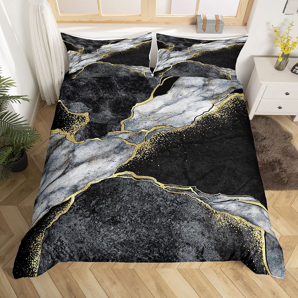Housse de couette marbre noir et doré de qualité supérieure pour lit 1 personne